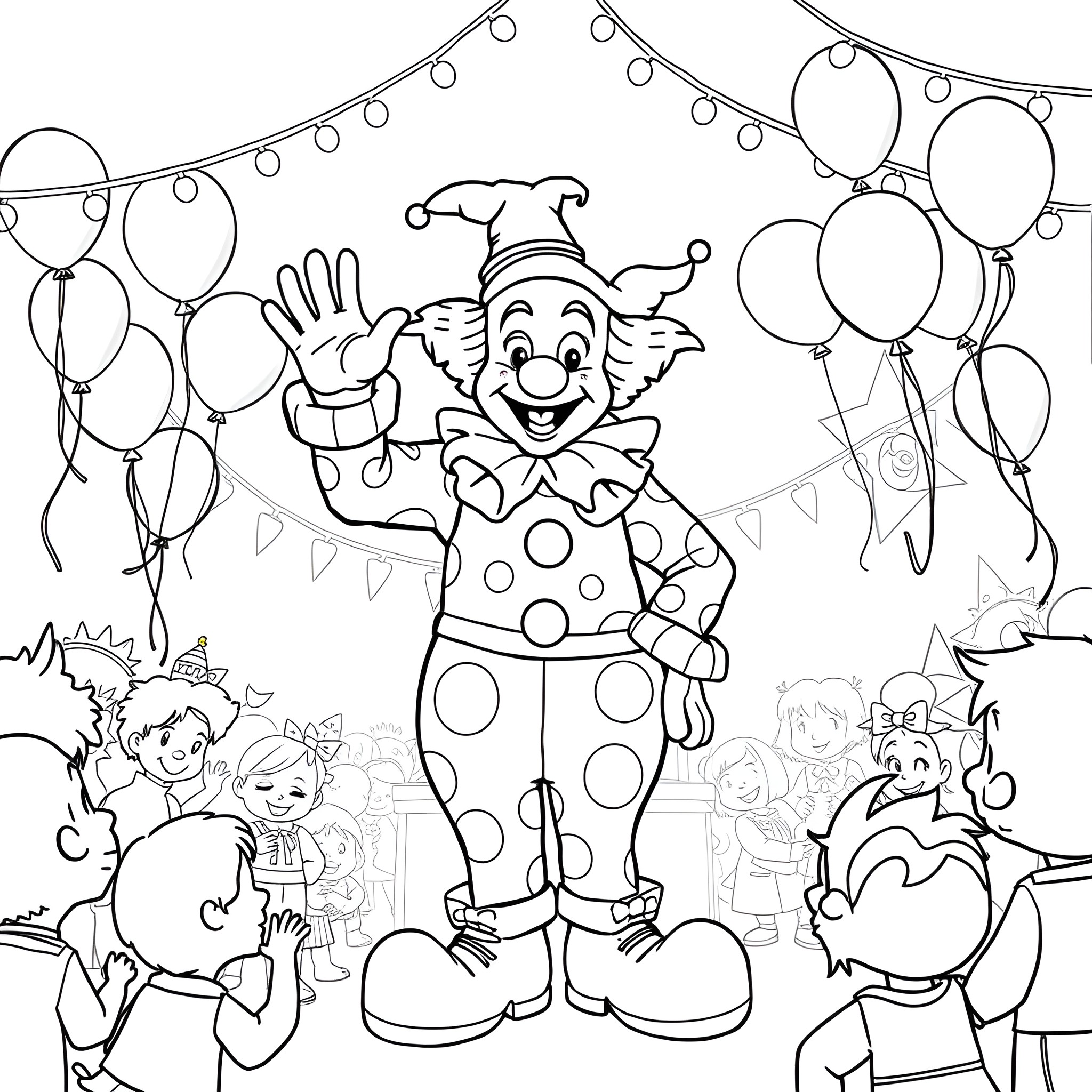 Clown performing at a festive party with balloons Coloring Page (free black-and-white line drawing printable PDF for all, from beginners to advanced learners, including children, teens, adults, and seniors)
