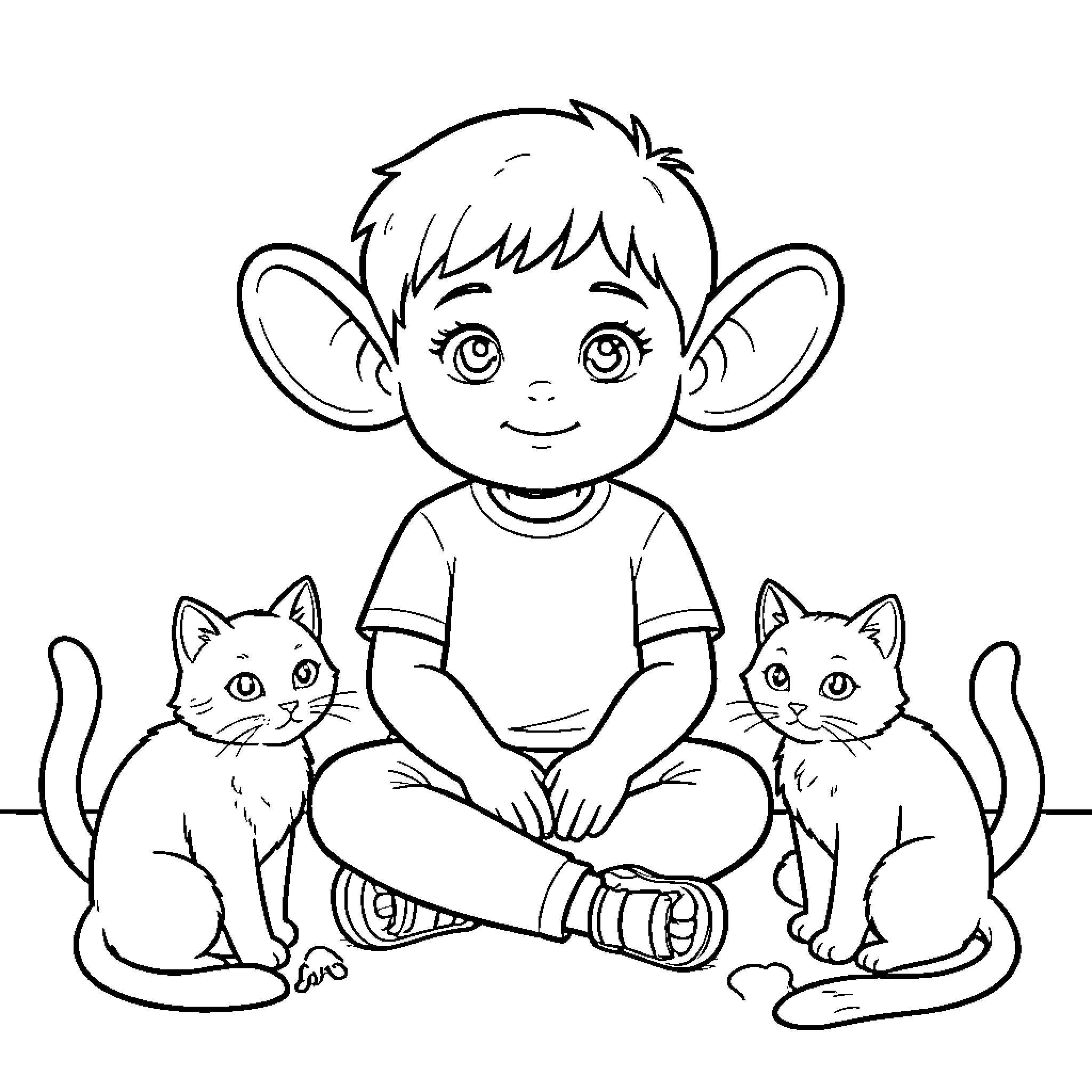 Child with large ears sitting with two cats Coloring Page (free black-and-white line drawing printable PDF for all, from beginners to advanced learners, including children, teens, adults, and seniors)