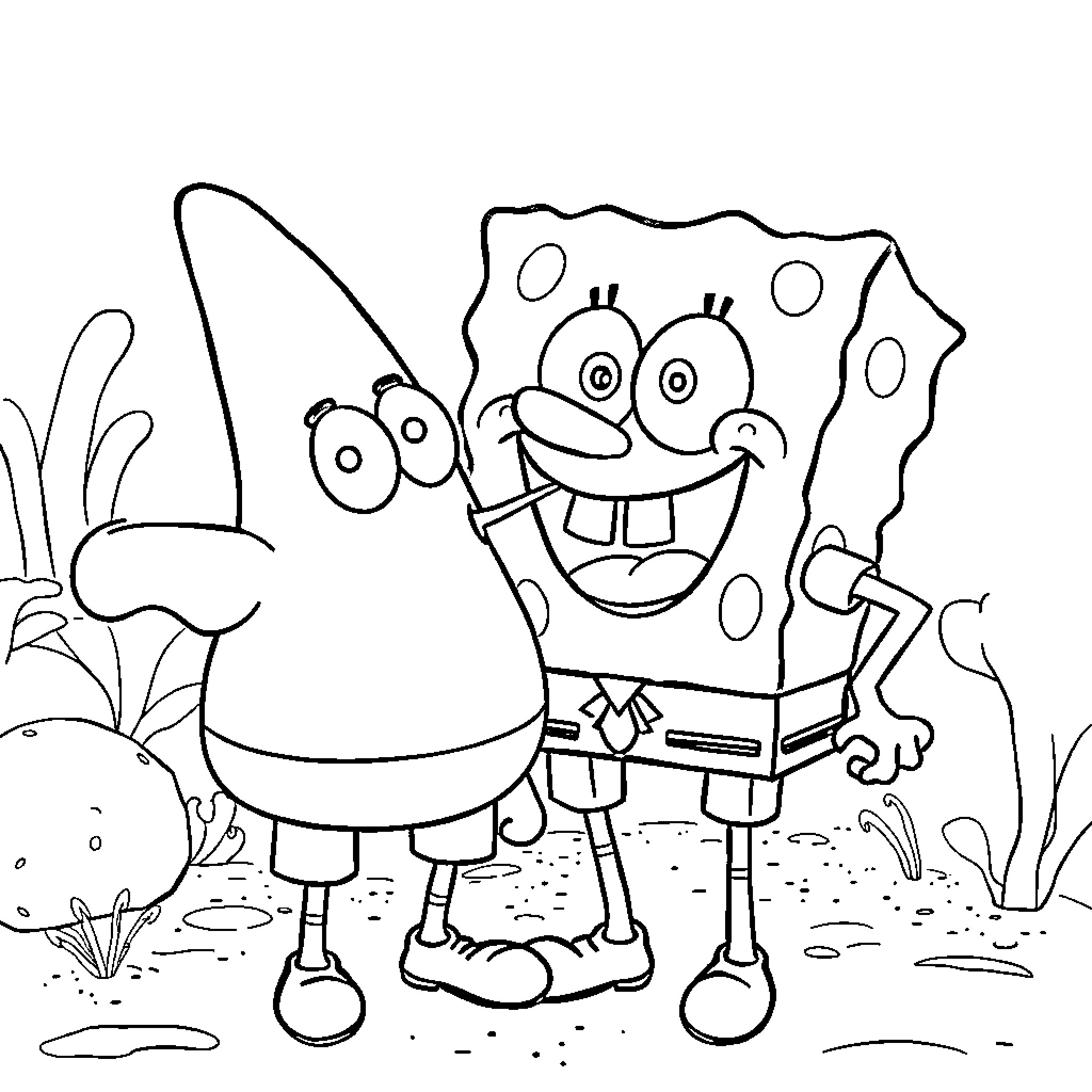Spongebob's happy expressions and actions in the outdoors Coloring Page (free black-and-white line drawing printable PDF for all, from beginners to advanced learners, including children, teens, adults, and seniors)