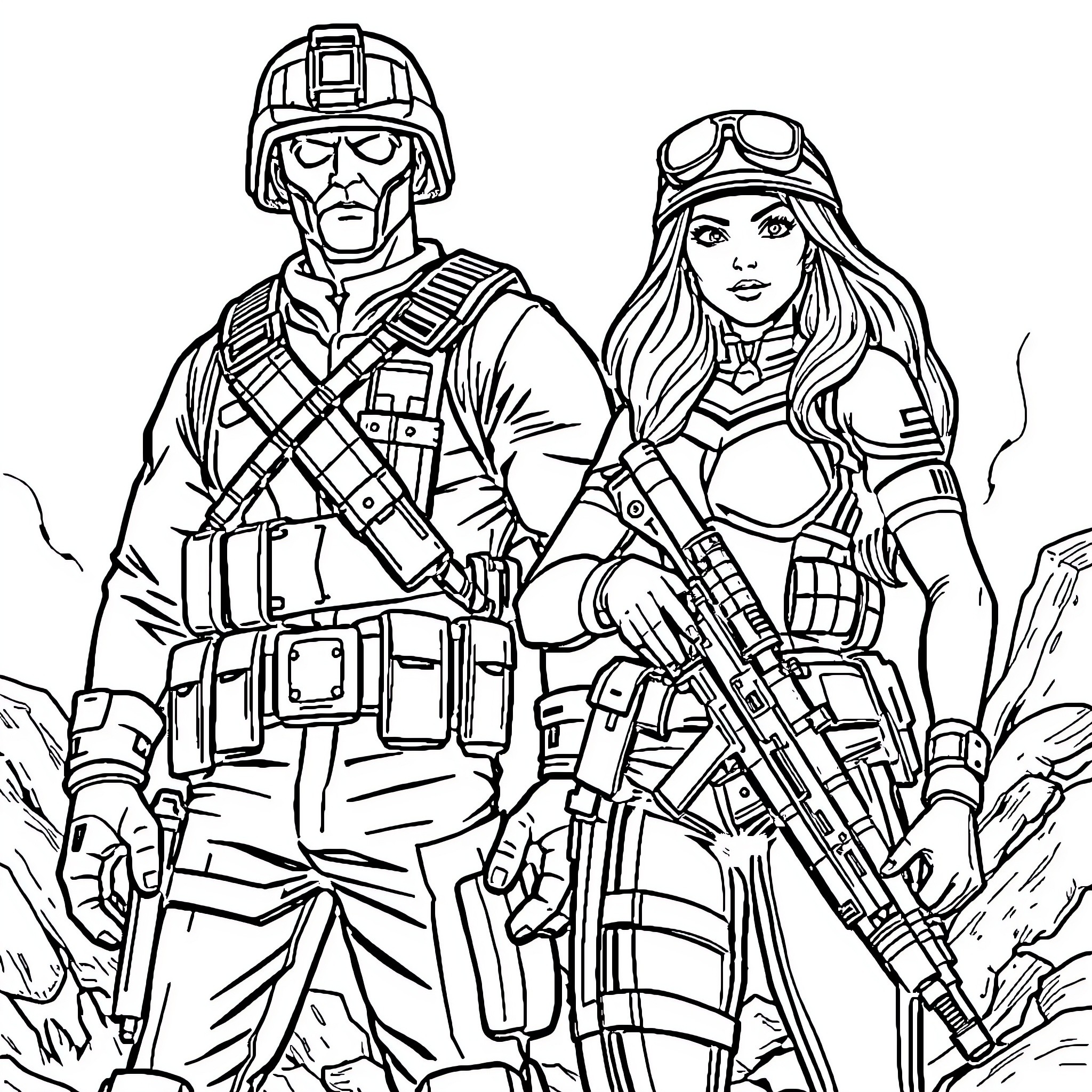 Scarlett and her military companion on a mission Coloring Page (free black-and-white line drawing printable PDF for all, from beginners to advanced learners, including children, teens, adults, and seniors)