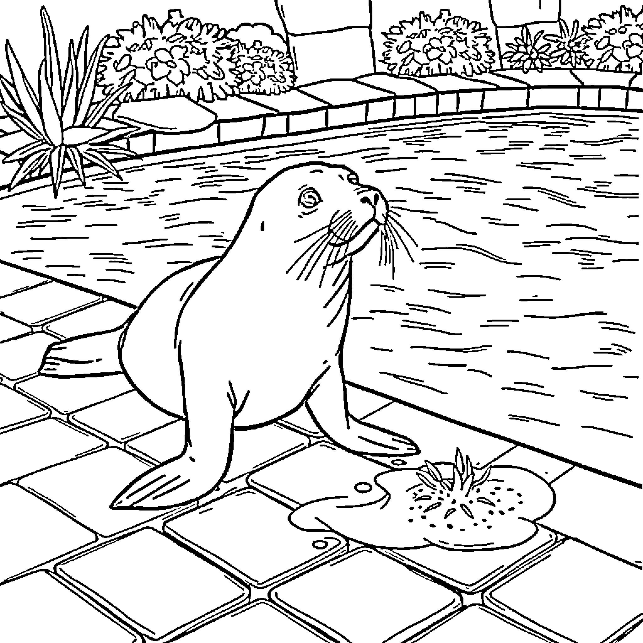 Seal relaxing near a pond with flowers Coloring Page (free black-and-white line drawing printable PDF for all, from beginners to advanced learners, including children, teens, adults, and seniors)