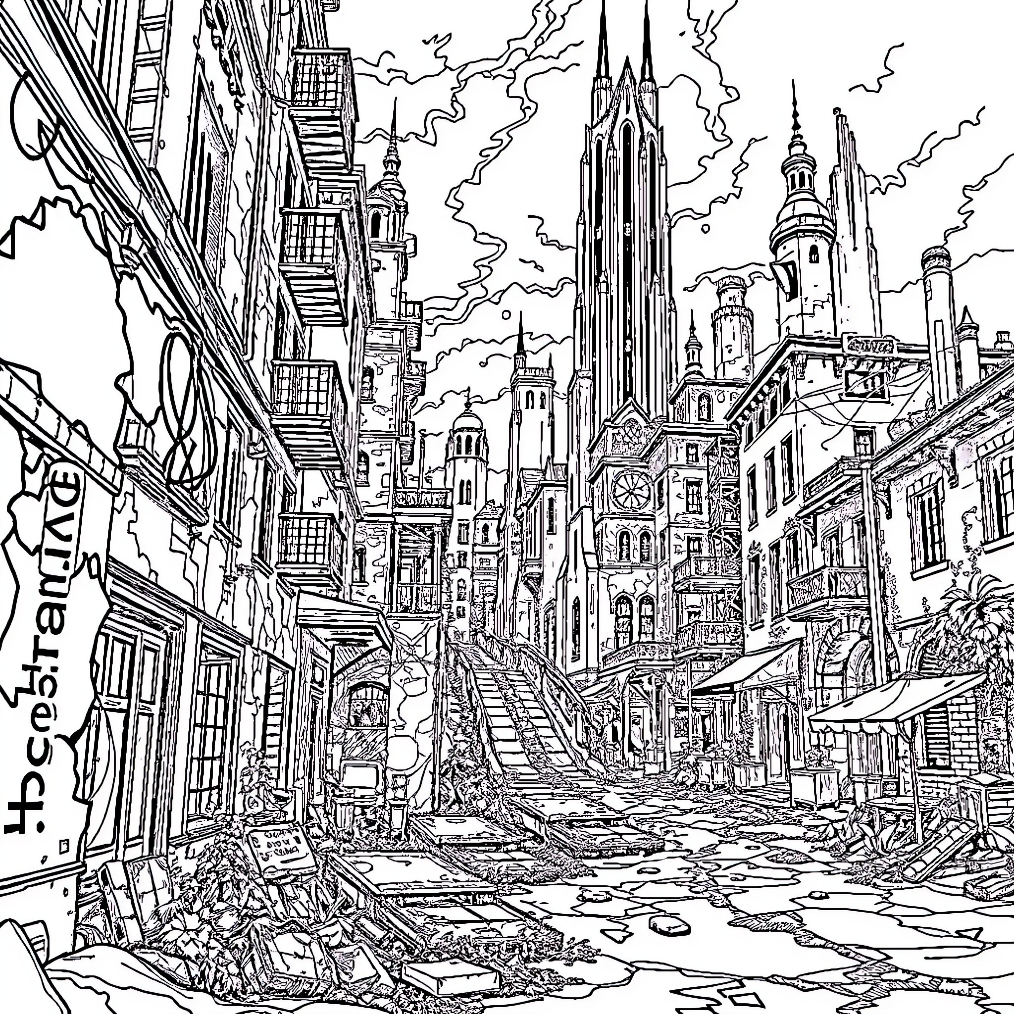 City of Architectural Wonders and Bustling Activity Coloring Page (free black-and-white line drawing printable PDF for all, from beginners to advanced learners, including children, teens, adults, and seniors)