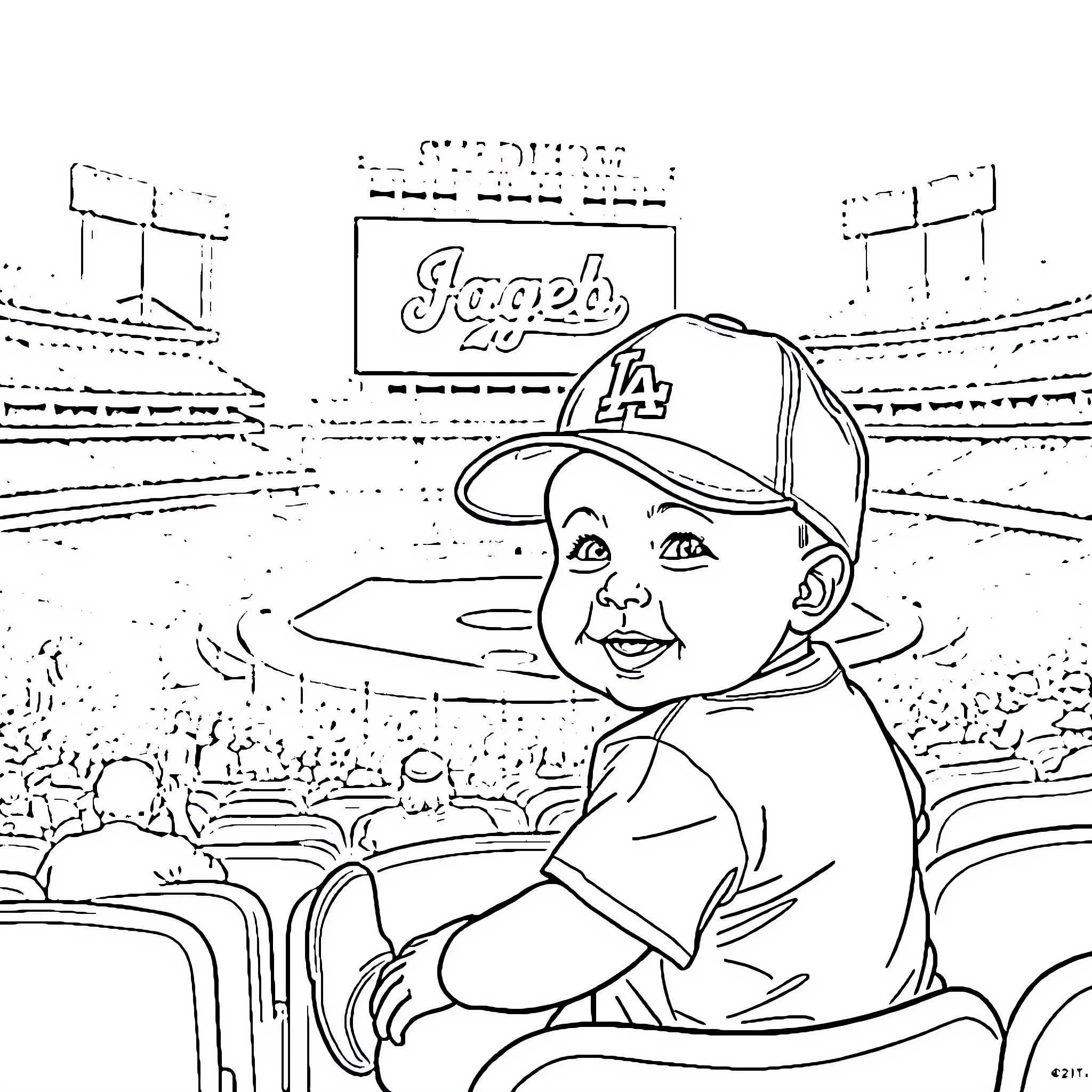 Baby Boy Cheering at Baseball Game Coloring Page (free black-and-white line drawing printable PDF for all, from beginners to advanced learners, including children, teens, adults, and seniors)