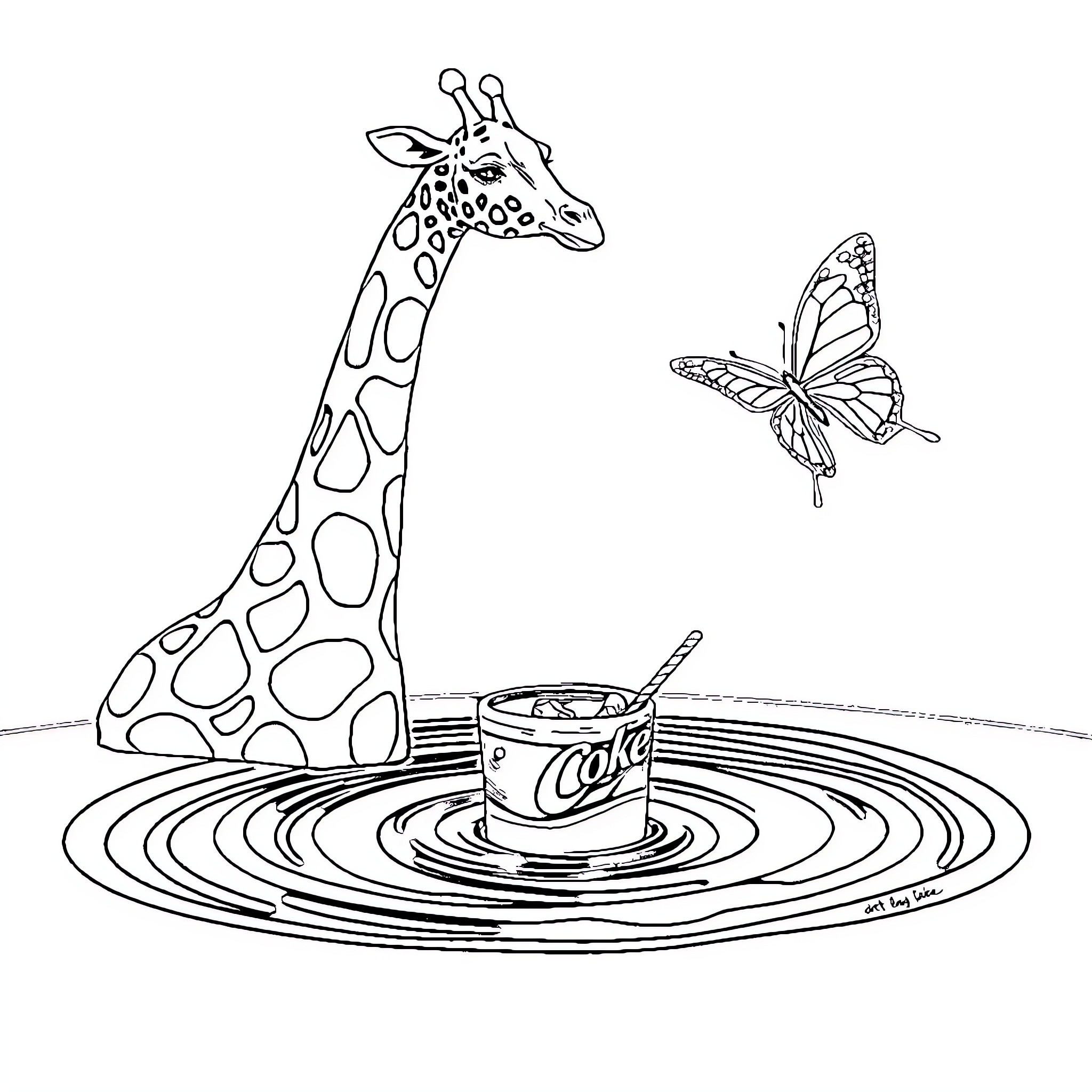 Giraffe observing butterfly near refreshing drink Coloring Page (free black-and-white line drawing printable PDF for all, from beginners to advanced learners, including children, teens, adults, and seniors)