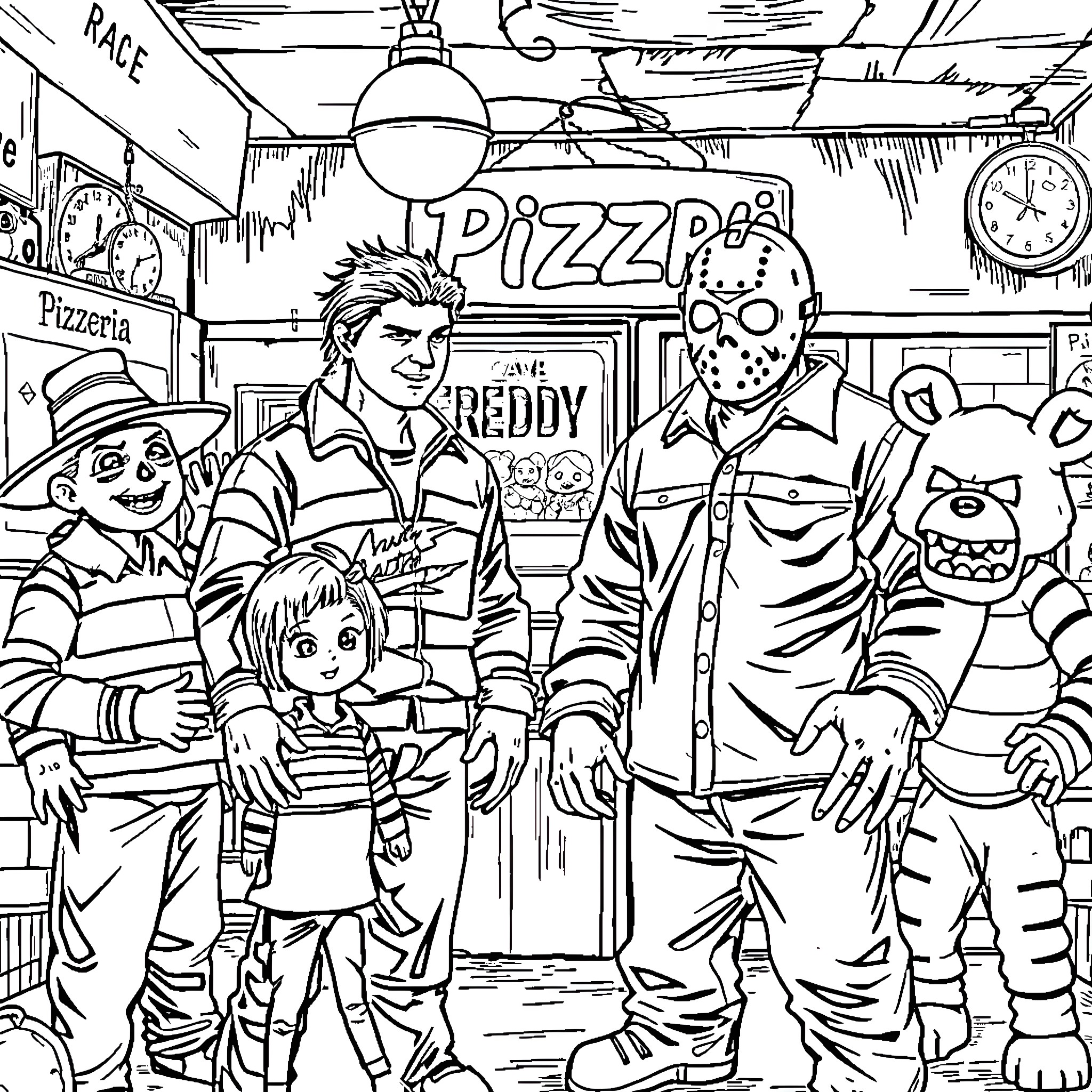 Horror Characters in a Pizzeria Setting Coloring Page (free black-and-white line drawing printable PDF for all, from beginners to advanced learners, including children, teens, adults, and seniors)