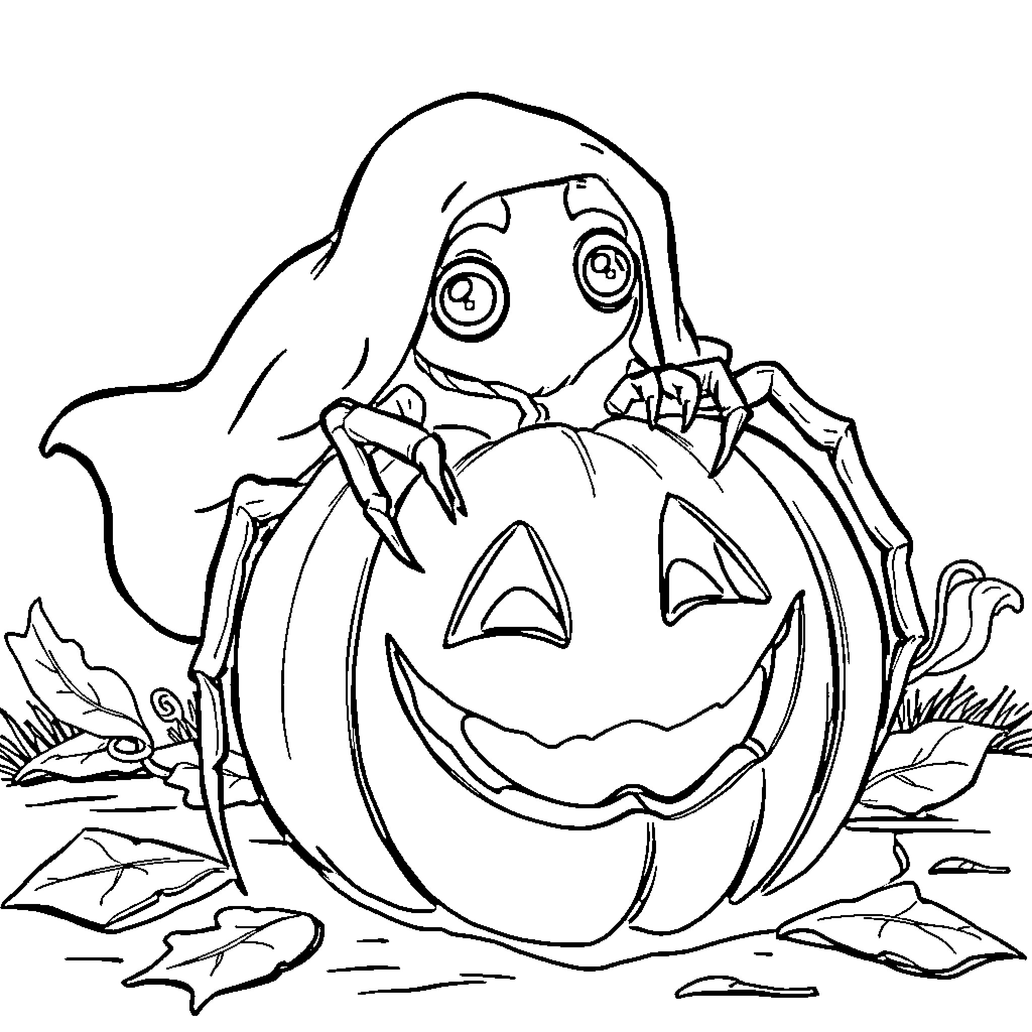 Spider Emerging from Spooky Pumpkin Coloring Page (free black-and-white line drawing printable PDF for all, from beginners to advanced learners, including children, teens, adults, and seniors)