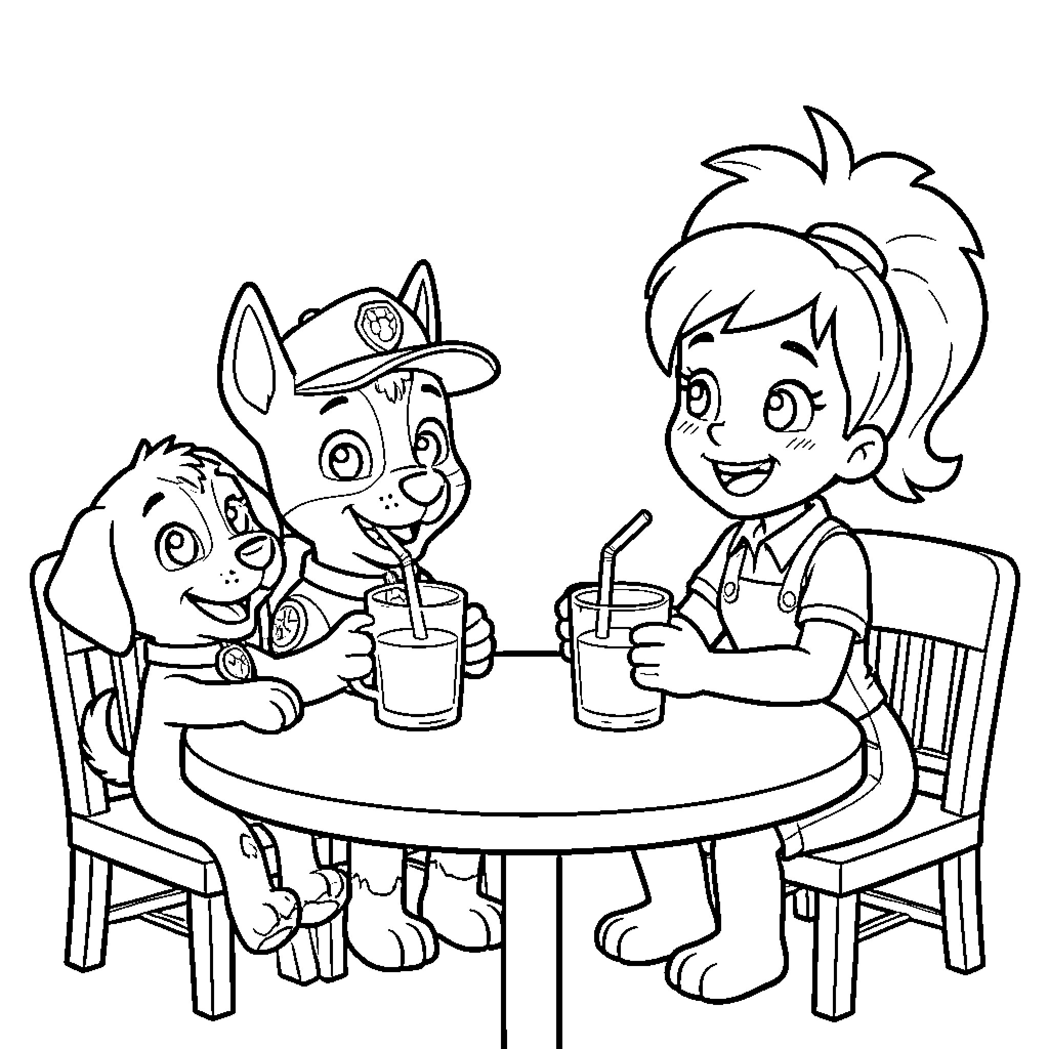 Paw Patrol characters enjoying drinks at a table Coloring Page (free black-and-white line drawing printable PDF for all, from beginners to advanced learners, including children, teens, adults, and seniors)