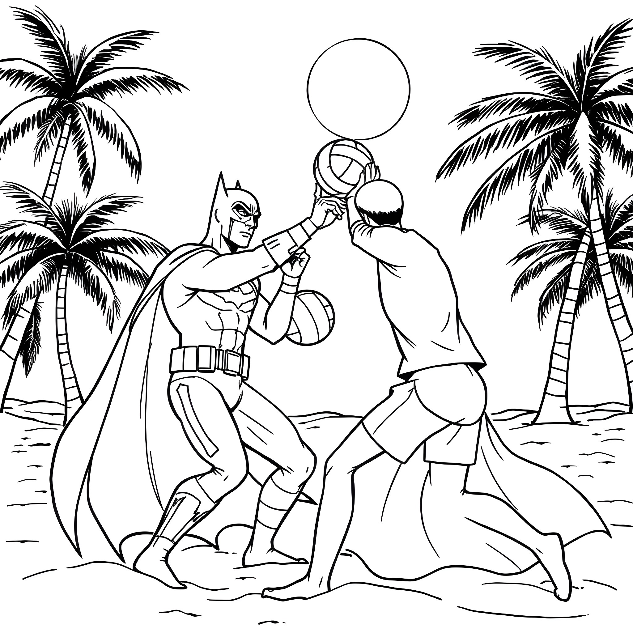 Batman fighting villains on a tropical beach Coloring Page (free black-and-white line drawing printable PDF for all, from beginners to advanced learners, including children, teens, adults, and seniors)