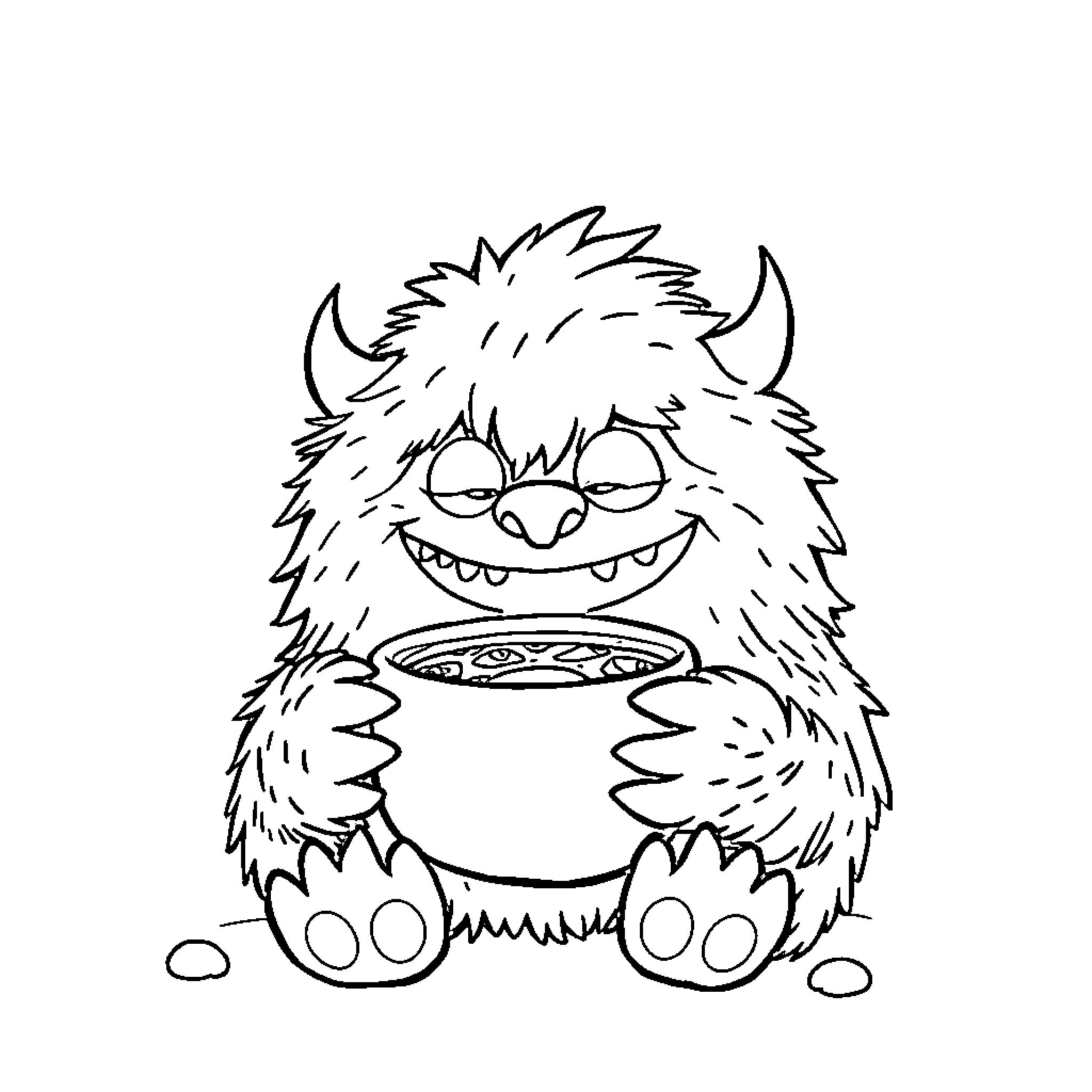 Monster happily enjoying a hot beverage Coloring Page (free black-and-white line drawing printable PDF for all, from beginners to advanced learners, including children, teens, adults, and seniors)