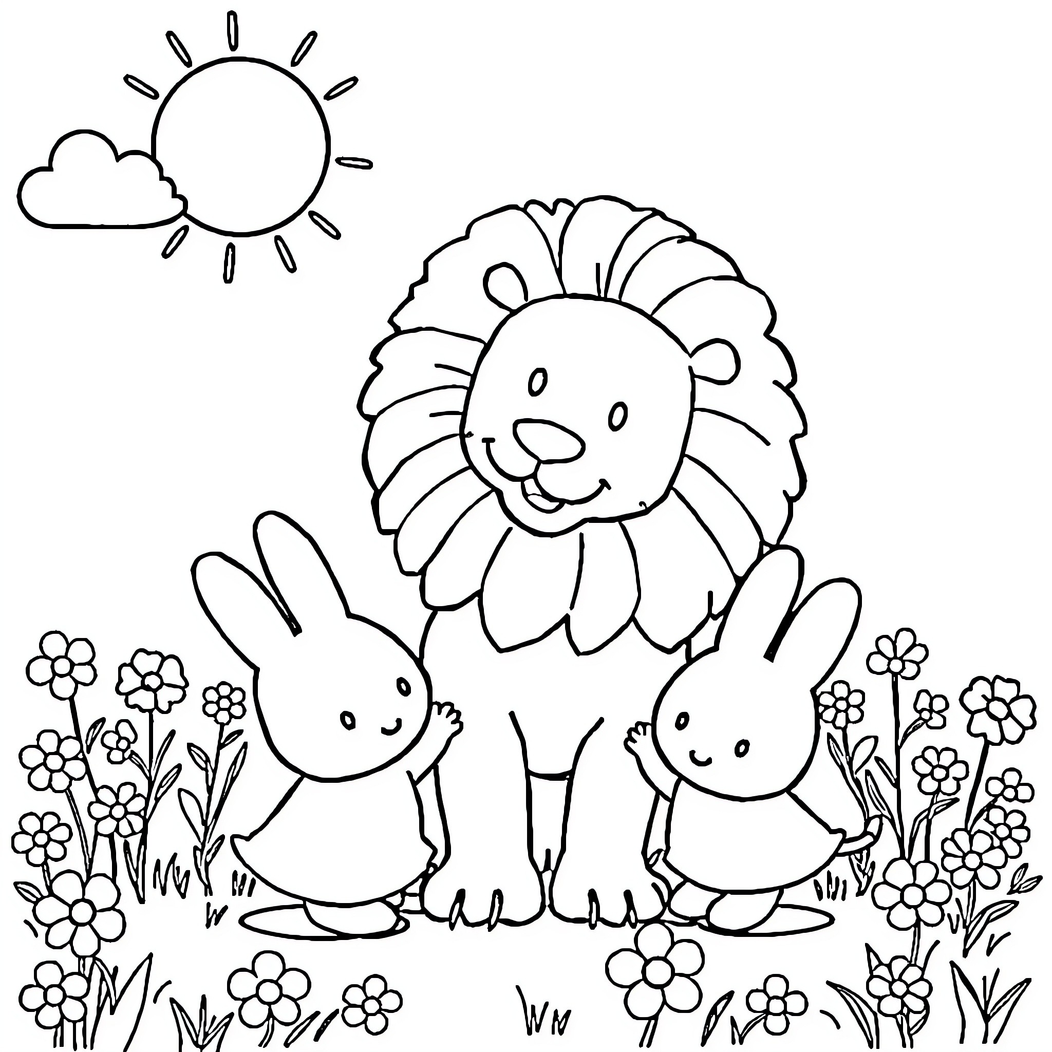 Miffy and friends in a sunny garden Coloring Page (free black-and-white line drawing printable PDF for all, from beginners to advanced learners, including children, teens, adults, and seniors)