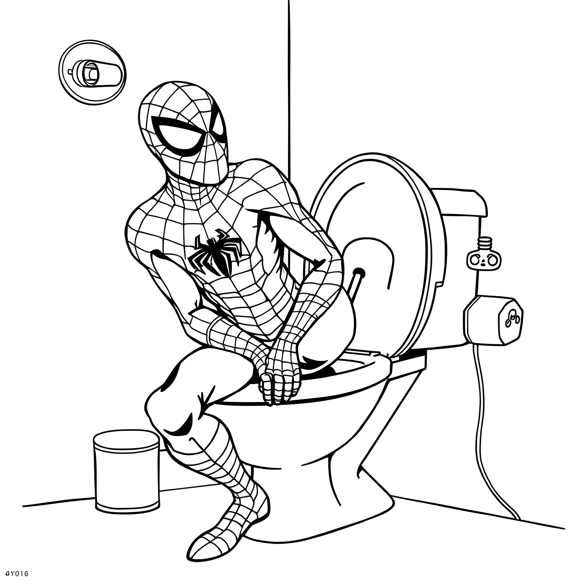 Spider-Man relaxing on the toilet Coloring Page (free black-and-white line drawing printable PDF for all, from beginners to advanced learners, including children, teens, adults, and seniors)
