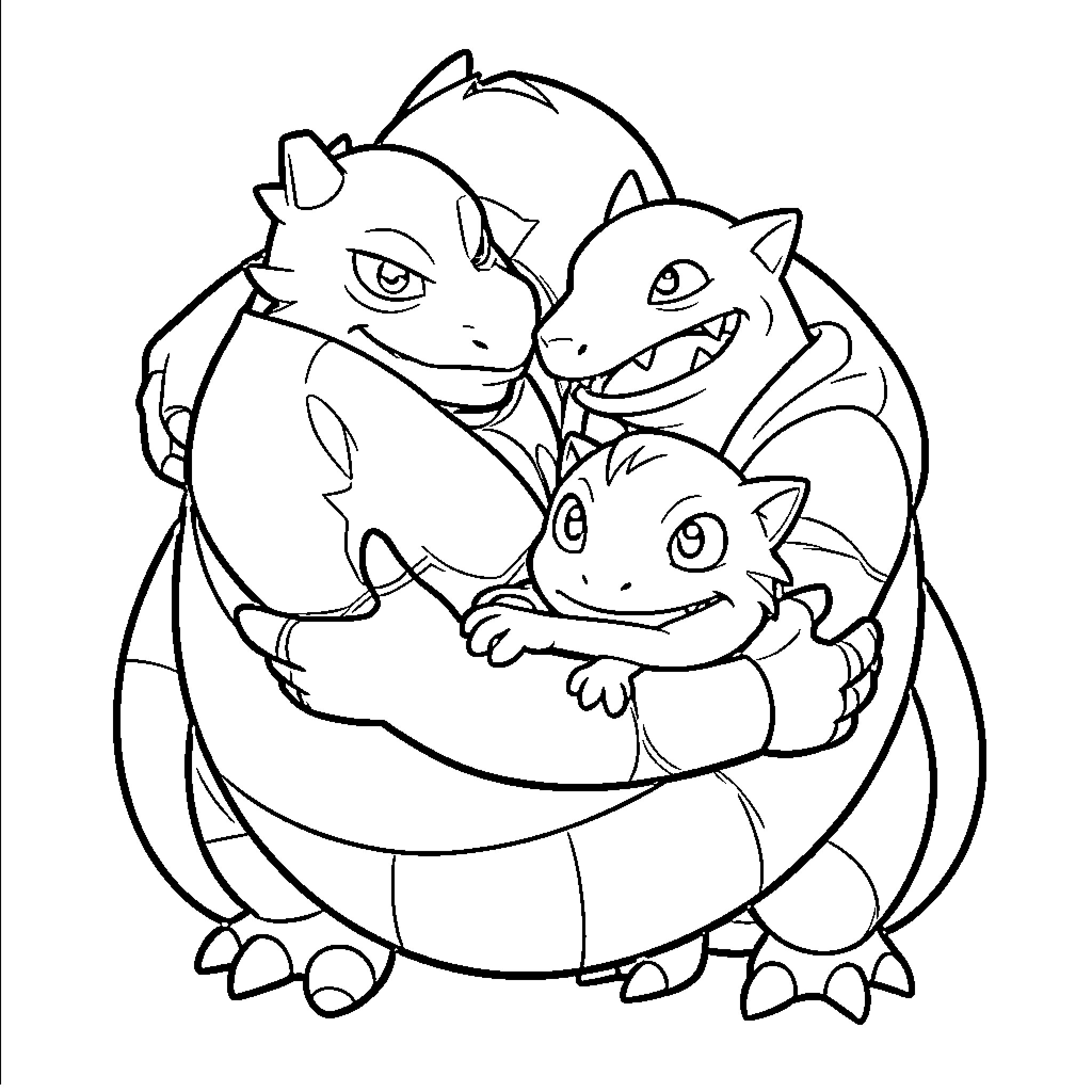Tangela hugging other Pokemon in a group embrace Coloring Page (free black-and-white line drawing printable PDF for all, from beginners to advanced learners, including children, teens, adults, and seniors)