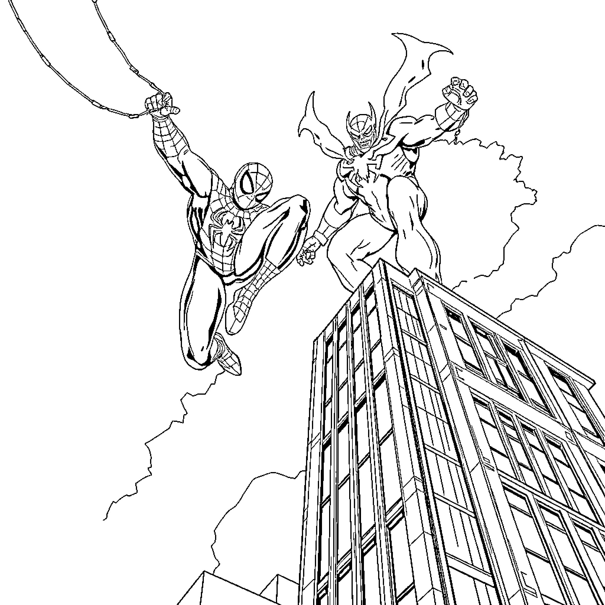 Spider-Man swinging heroically to battle a villain Coloring Page (free black-and-white line drawing printable PDF for all, from beginners to advanced learners, including children, teens, adults, and seniors)