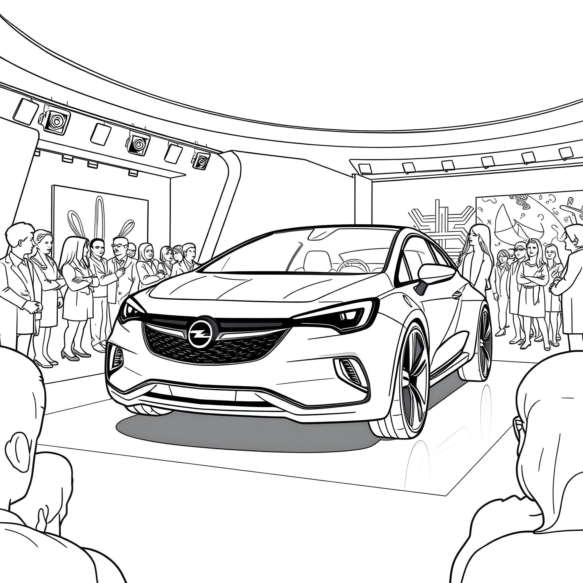 Opel Corsa unveiled at auto show with crowd Coloring Page (free black-and-white line drawing printable PDF for all, from beginners to advanced learners, including children, teens, adults, and seniors)