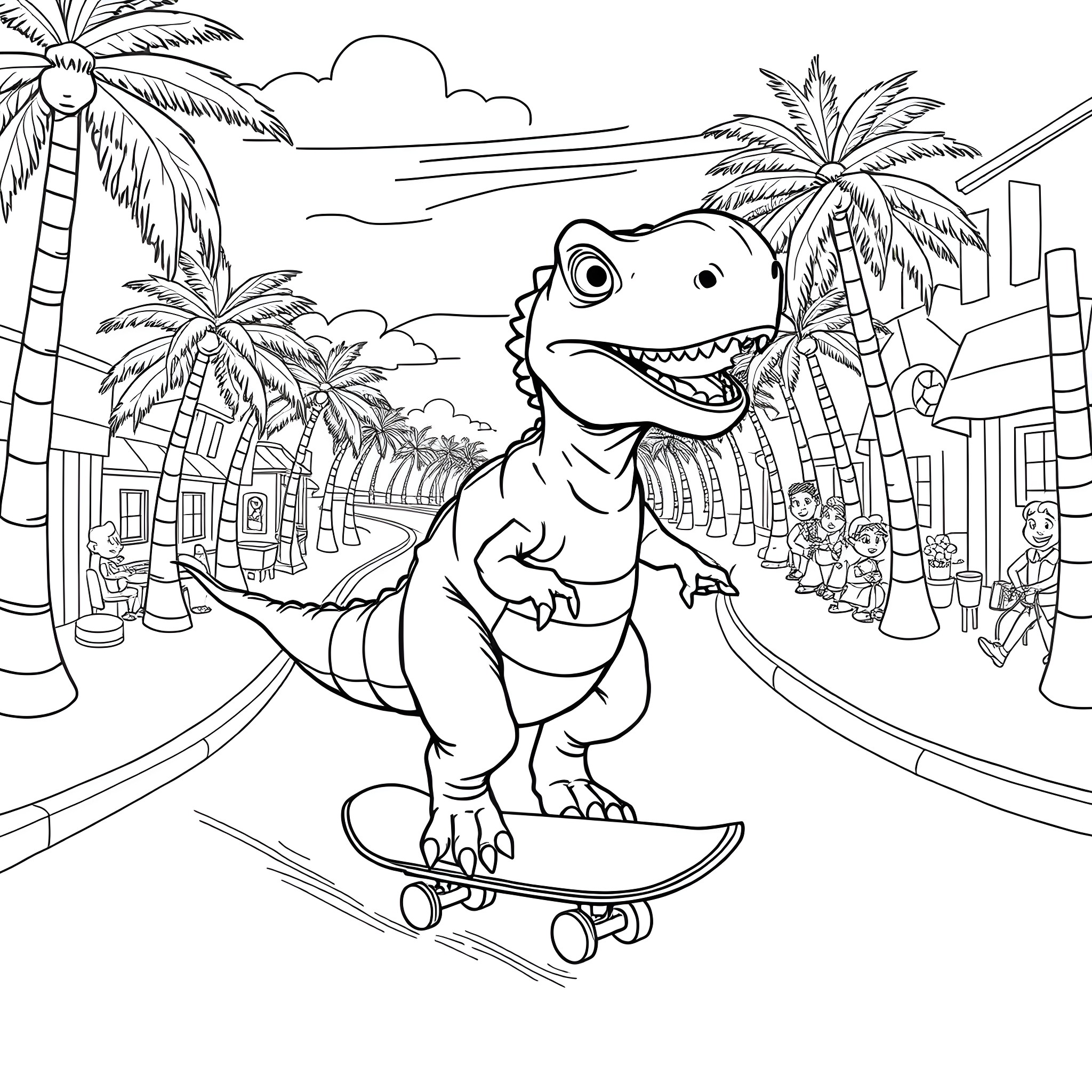 Dino riding skateboard in tropical city Coloring Page (free black-and-white line drawing printable PDF for all, from beginners to advanced learners, including children, teens, adults, and seniors)
