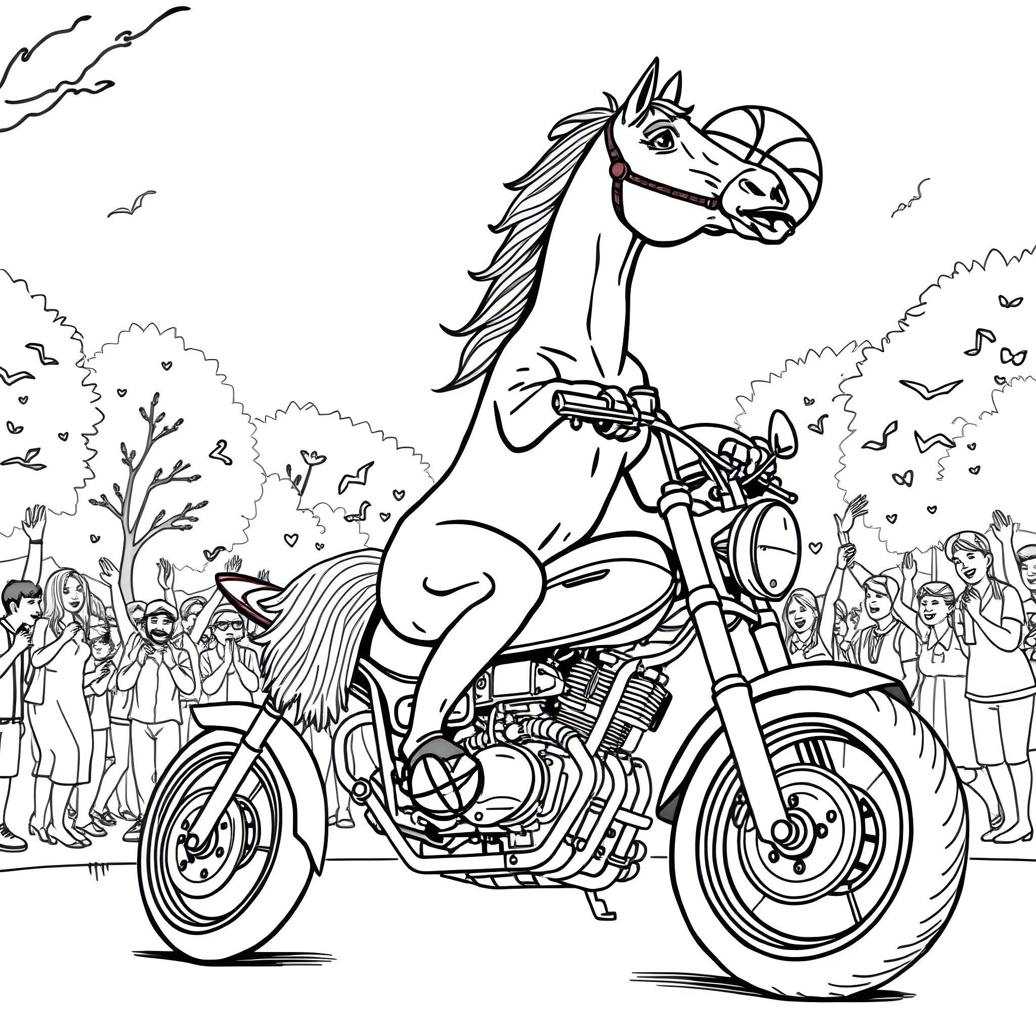 Horse riding a motorcycle in a crowd Coloring Page (free black-and-white line drawing printable PDF for all, from beginners to advanced learners, including children, teens, adults, and seniors)