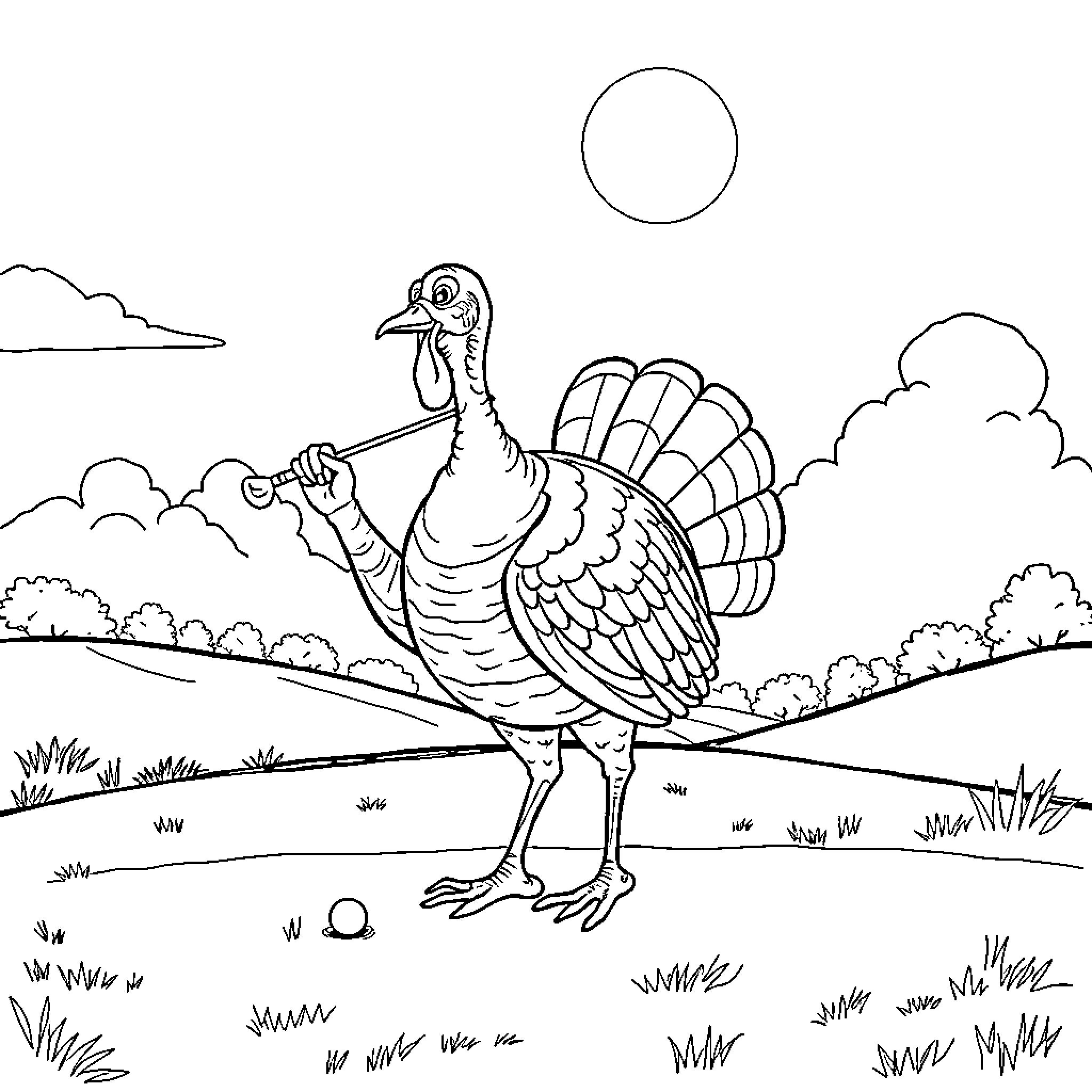 Turkey strutting proudly in the countryside Coloring Page (free black-and-white line drawing printable PDF for all, from beginners to advanced learners, including children, teens, adults, and seniors)