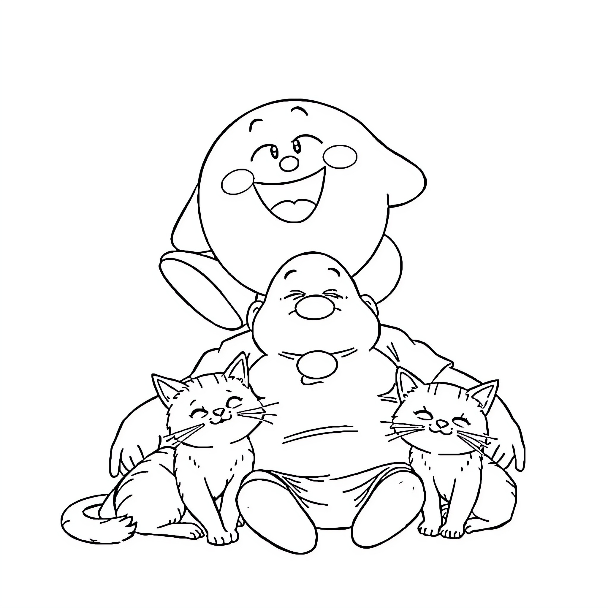 Cat Cartoon Characters Happily Together Coloring Page (free black-and-white line drawing printable PDF for all, from beginners to advanced learners, including children, teens, adults, and seniors)