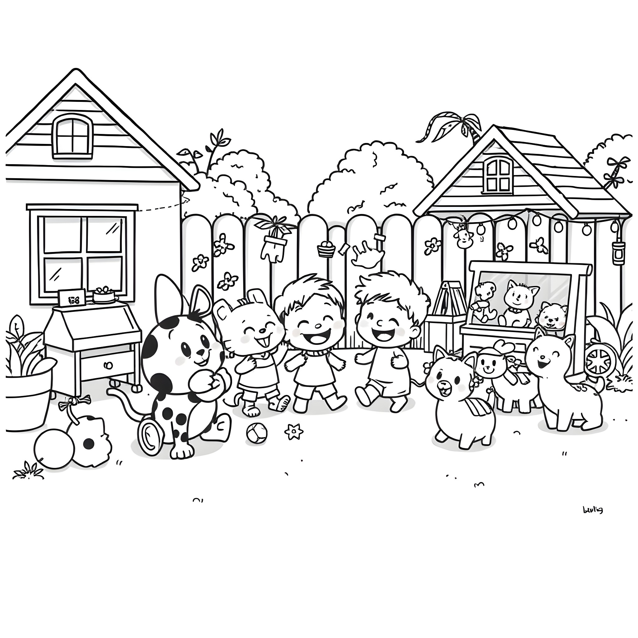 Cocomelon Characters Enjoying Outdoor Fun Coloring Page (free black-and-white line drawing printable PDF for all, from beginners to advanced learners, including children, teens, adults, and seniors)