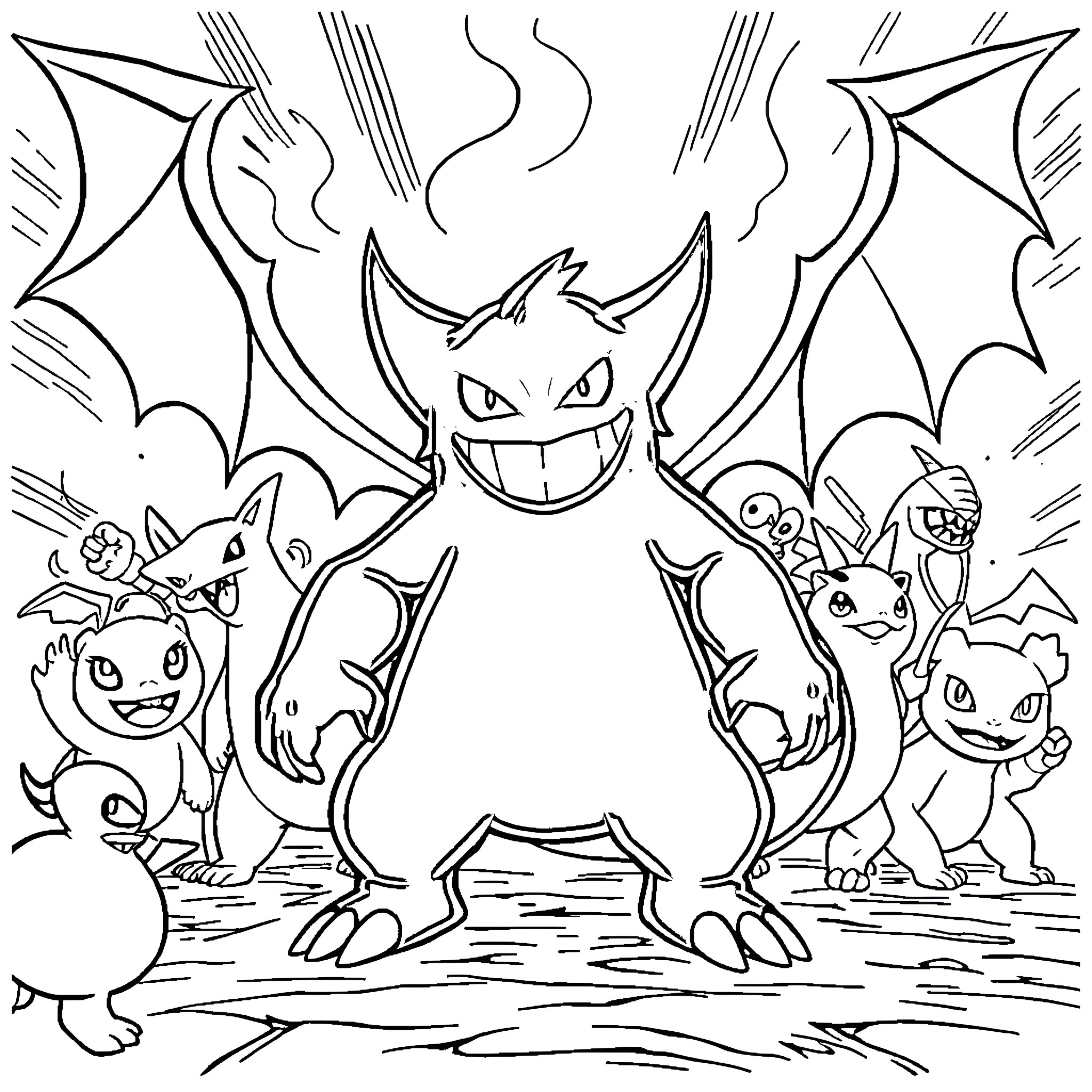 Gengar leading a group of mischievous ghost Pokemon Coloring Page (free black-and-white line drawing printable PDF for all, from beginners to advanced learners, including children, teens, adults, and seniors)