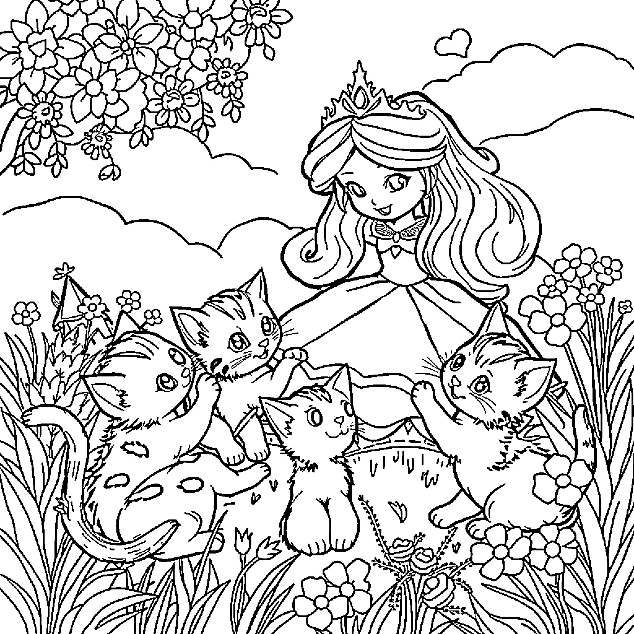Kitten princess surrounded by adorable kittens in a floral garden Coloring Page (free black-and-white line drawing printable PDF for all, from beginners to advanced learners, including children, teens, adults, and seniors)