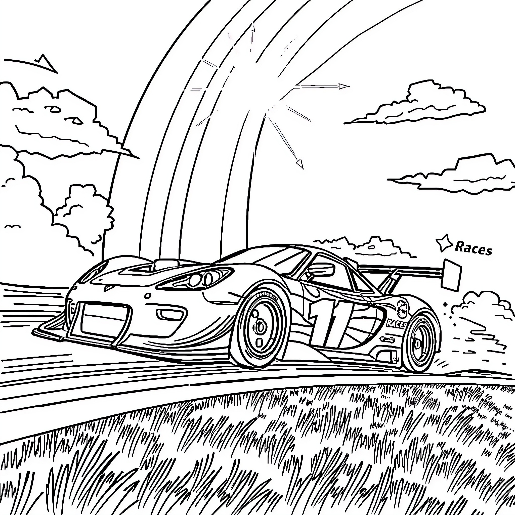 Race Car Racing through Scenic Countryside Coloring Page (free black-and-white line drawing printable PDF for all, from beginners to advanced learners, including children, teens, adults, and seniors)