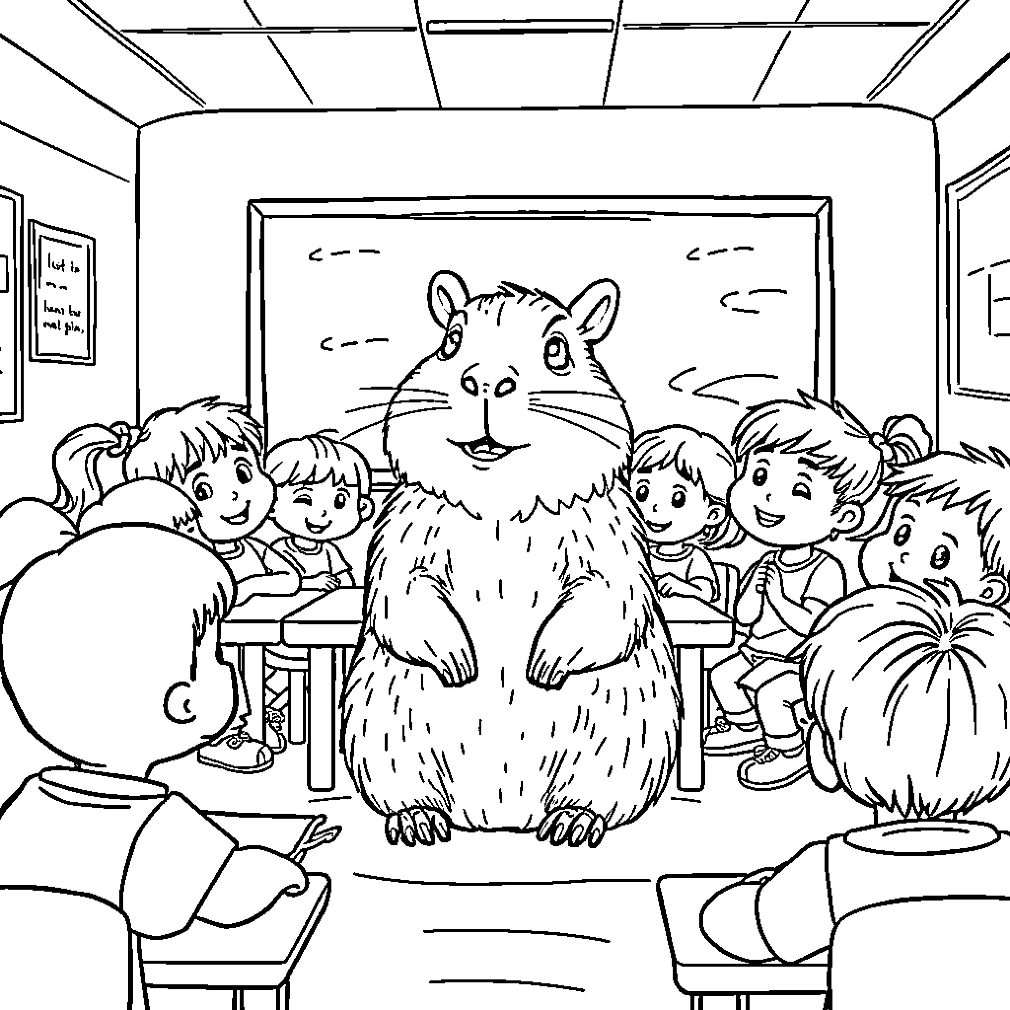 Capybara Entertains Children in the Classroom Coloring Page (free black-and-white line drawing printable PDF for all, from beginners to advanced learners, including children, teens, adults, and seniors)