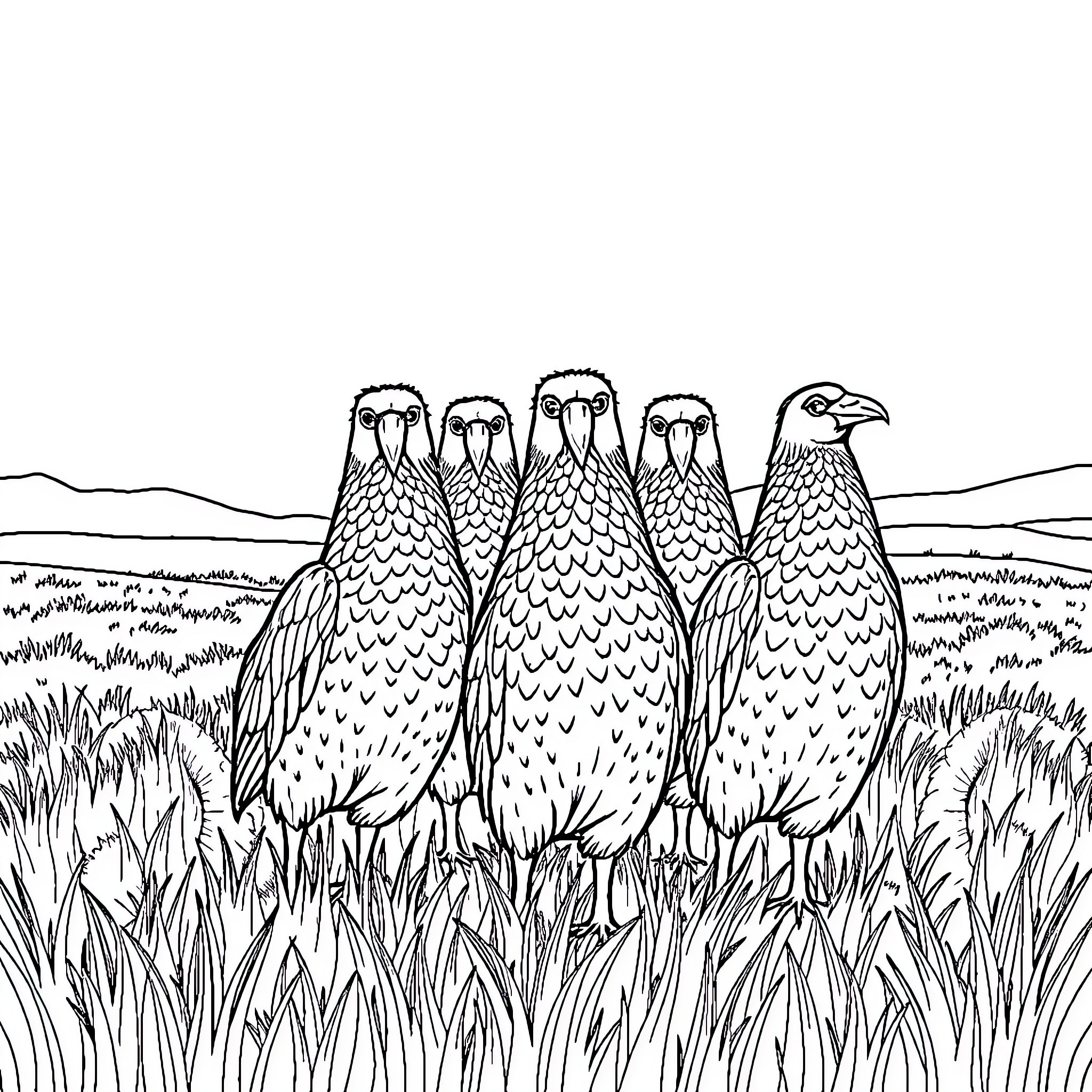 Carinch group of birds in grassy field Coloring Page (free black-and-white line drawing printable PDF for all, from beginners to advanced learners, including children, teens, adults, and seniors)
