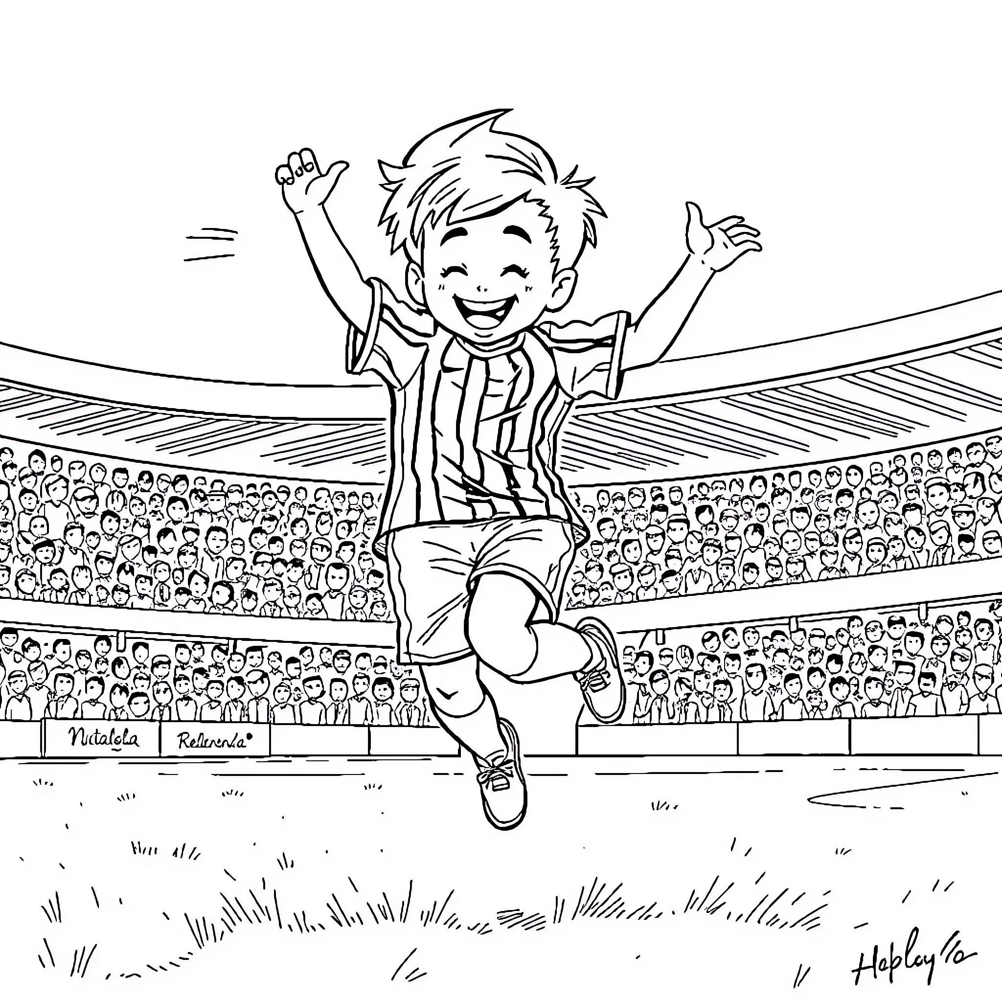 Niño celebrates victory on the field Coloring Page (free black-and-white line drawing printable PDF for all, from beginners to advanced learners, including children, teens, adults, and seniors)