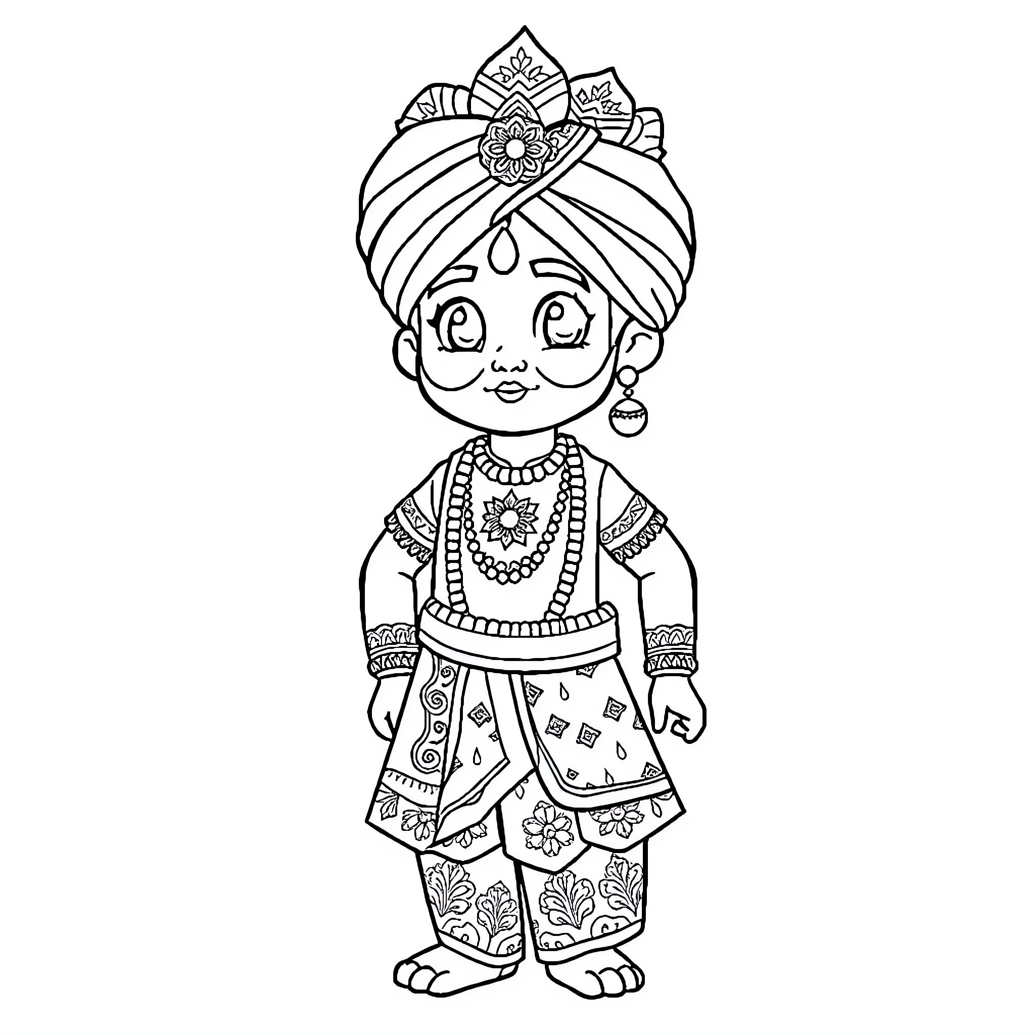 Anime Girl in Traditional Ethnic Costume Coloring Page (free black-and-white line drawing printable PDF for all, from beginners to advanced learners, including children, teens, adults, and seniors)