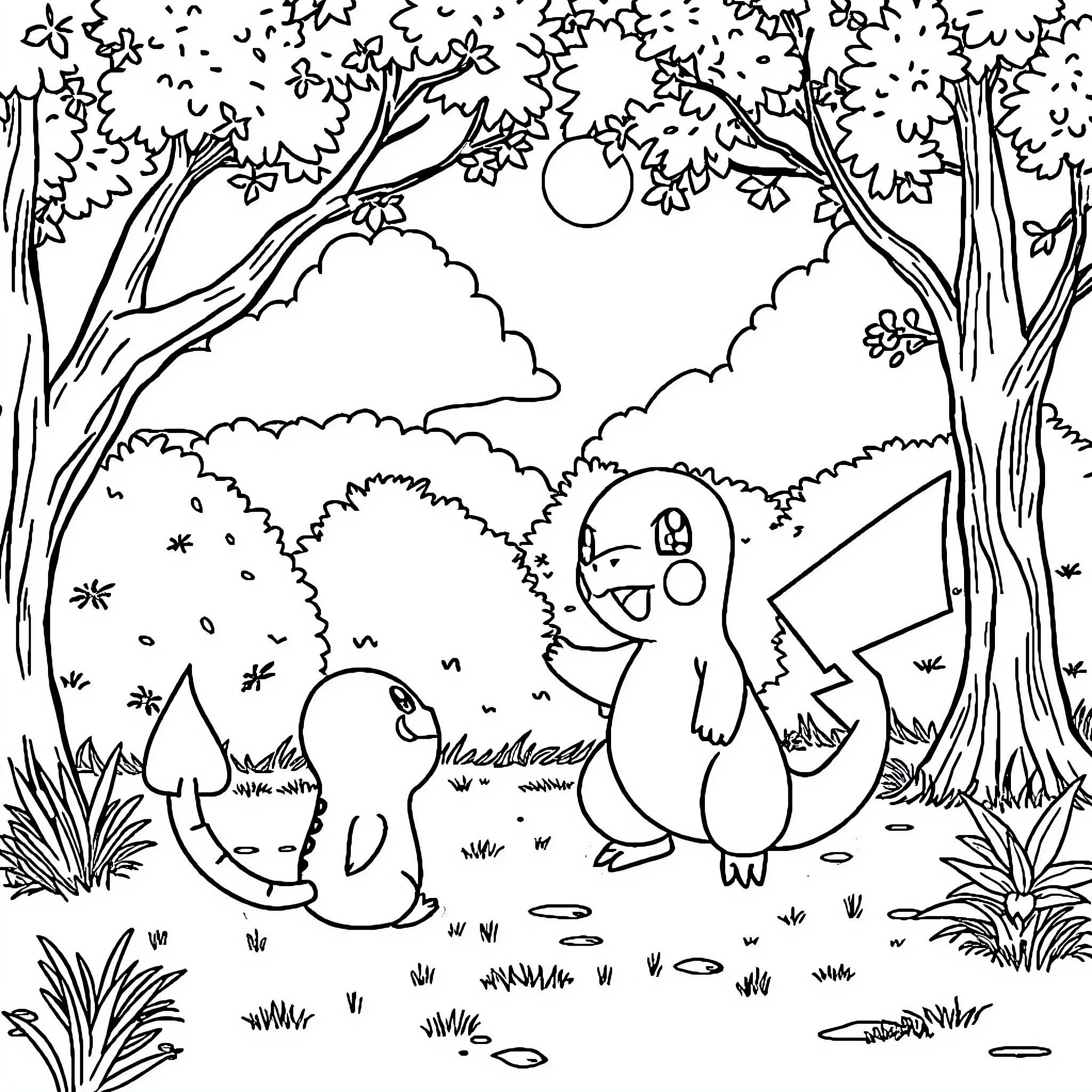 Charmander and friends explore the enchanted forest Coloring Page (free black-and-white line drawing printable PDF for all, from beginners to advanced learners, including children, teens, adults, and seniors)