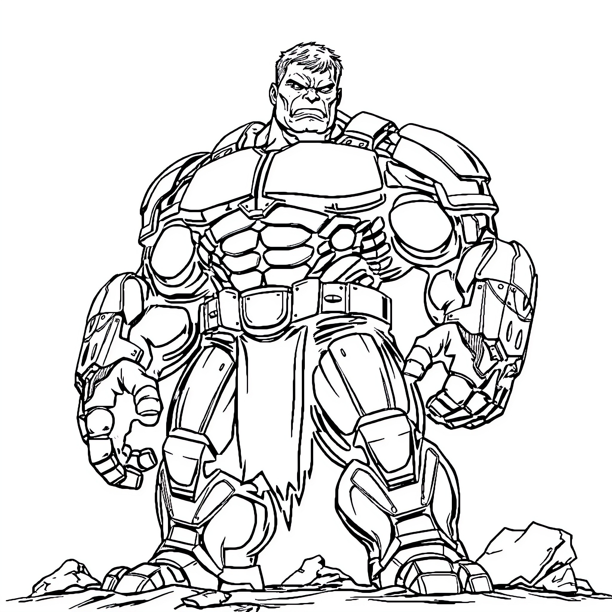 Hulk Hulks Out in Futuristic Armor Coloring Page (free black-and-white line drawing printable PDF for all, from beginners to advanced learners, including children, teens, adults, and seniors)