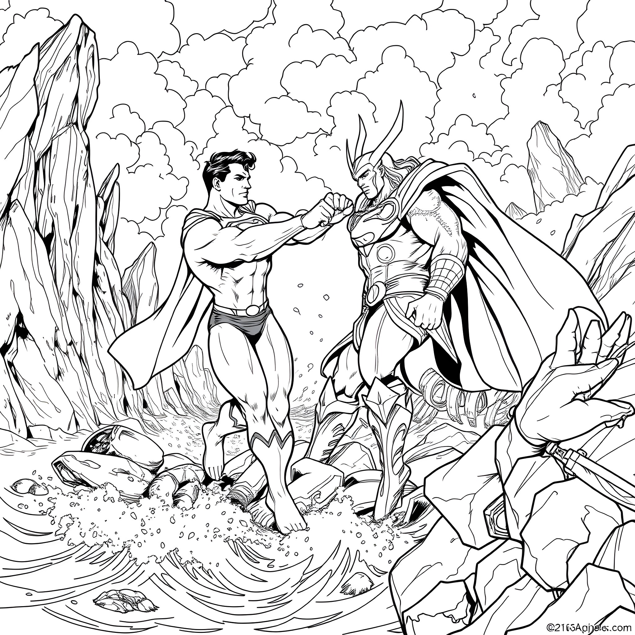 Superman and hero clash in epic battle Coloring Page (free black-and-white line drawing printable PDF for all, from beginners to advanced learners, including children, teens, adults, and seniors)
