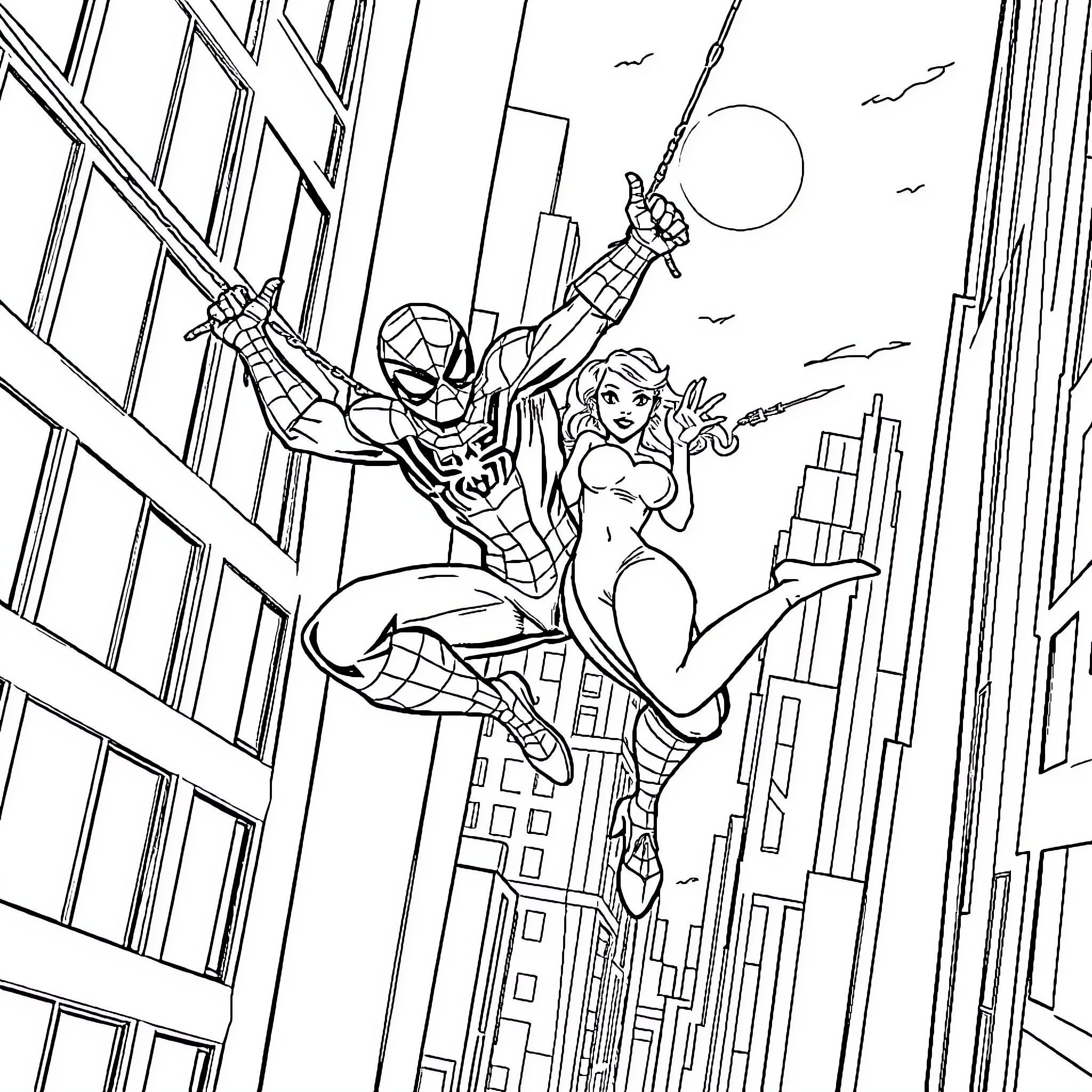 Spider-Man swinging with a female companion through city skyscrapers Coloring Page (free black-and-white line drawing printable PDF for all, from beginners to advanced learners, including children, teens, adults, and seniors)