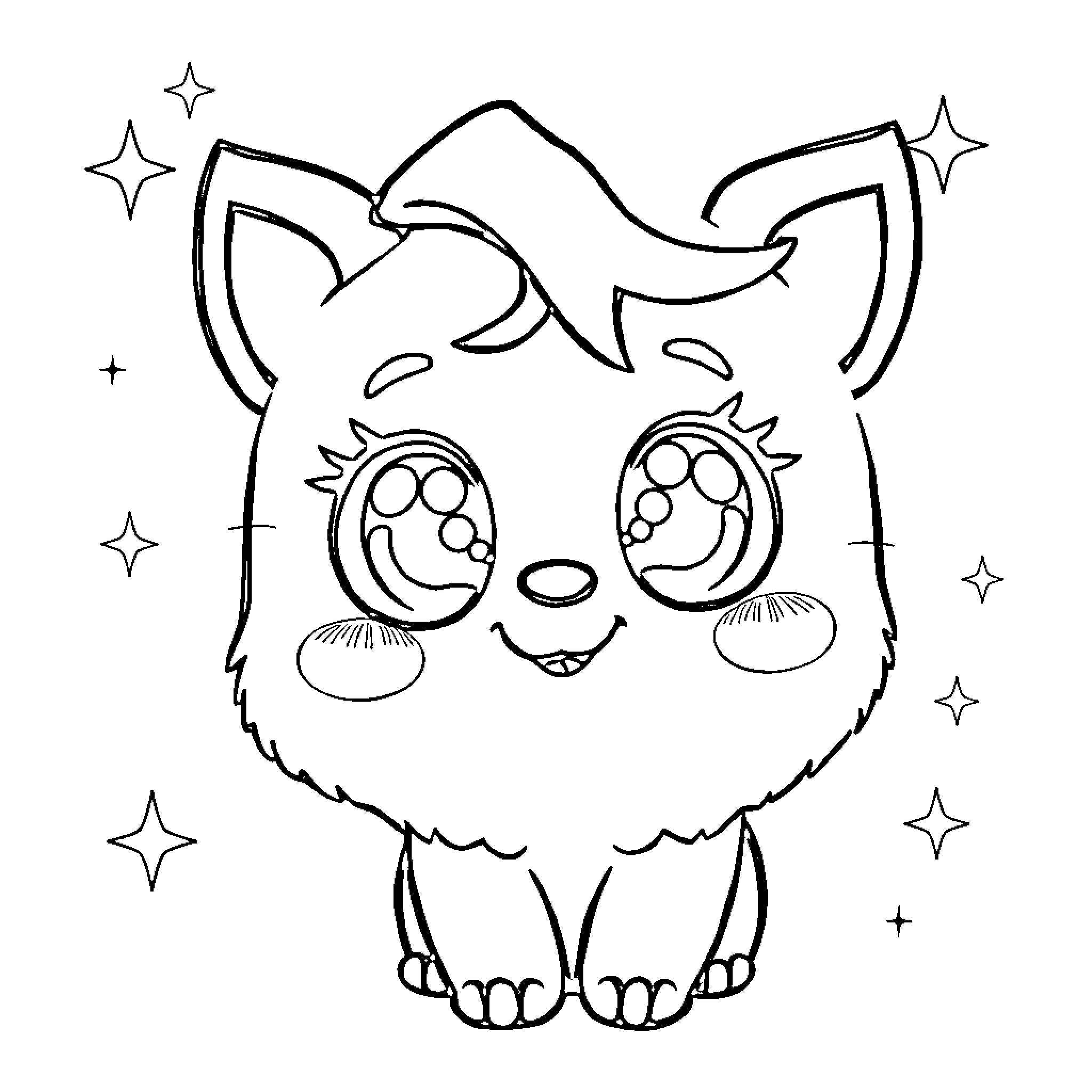 Kawaii Adorable Fluffy Cat with Sparkling Eyes Coloring Page (free black-and-white line drawing printable PDF for all, from beginners to advanced learners, including children, teens, adults, and seniors)