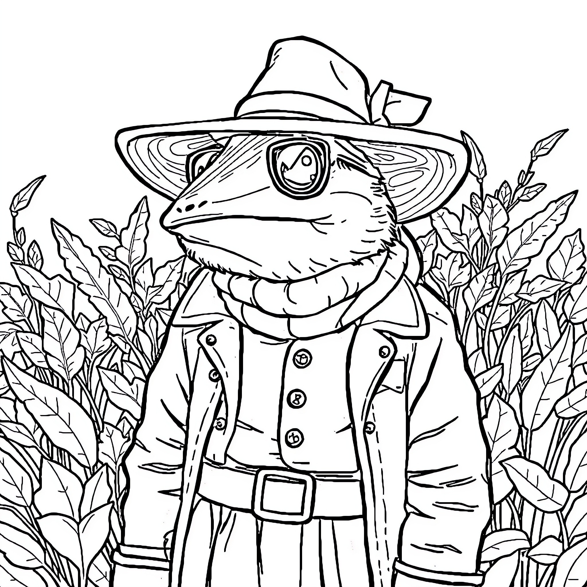 Salamèche the Stylish Frog Explorer Coloring Page (free black-and-white line drawing printable PDF for all, from beginners to advanced learners, including children, teens, adults, and seniors)