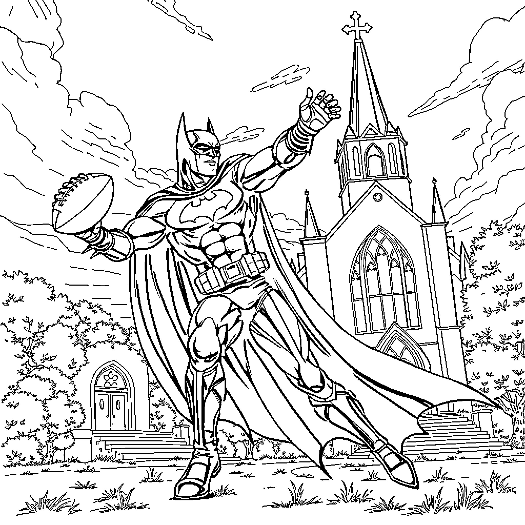 Batman Leaping into Action Near Gothic Cathedral Coloring Page (free black-and-white line drawing printable PDF for all, from beginners to advanced learners, including children, teens, adults, and seniors)