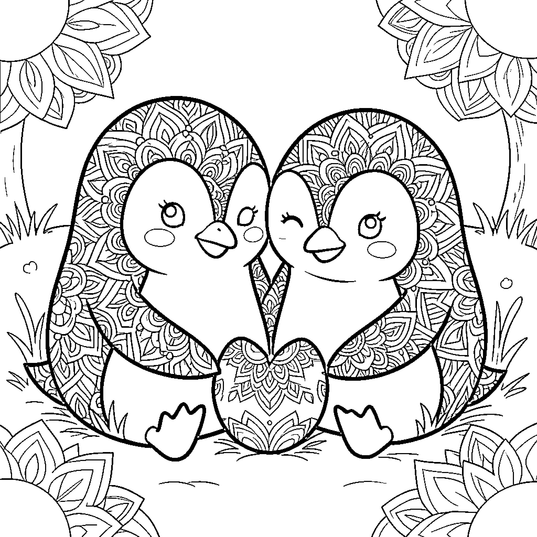 Penguin chicks sharing a moment in nature Coloring Page (free black-and-white line drawing printable PDF for all, from beginners to advanced learners, including children, teens, adults, and seniors)