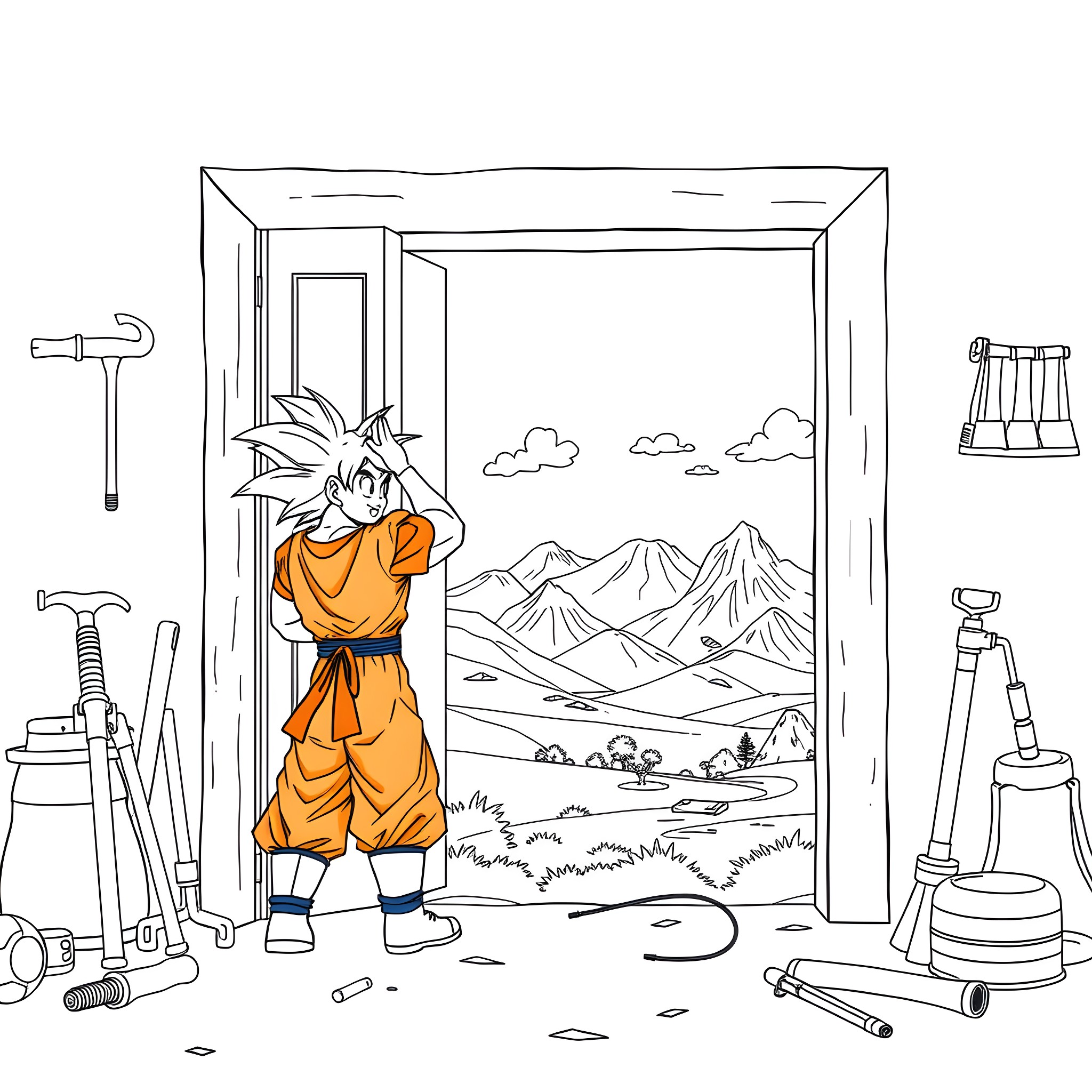 Goku in a scenic mountain landscape Coloring Page (free black-and-white line drawing printable PDF for all, from beginners to advanced learners, including children, teens, adults, and seniors)