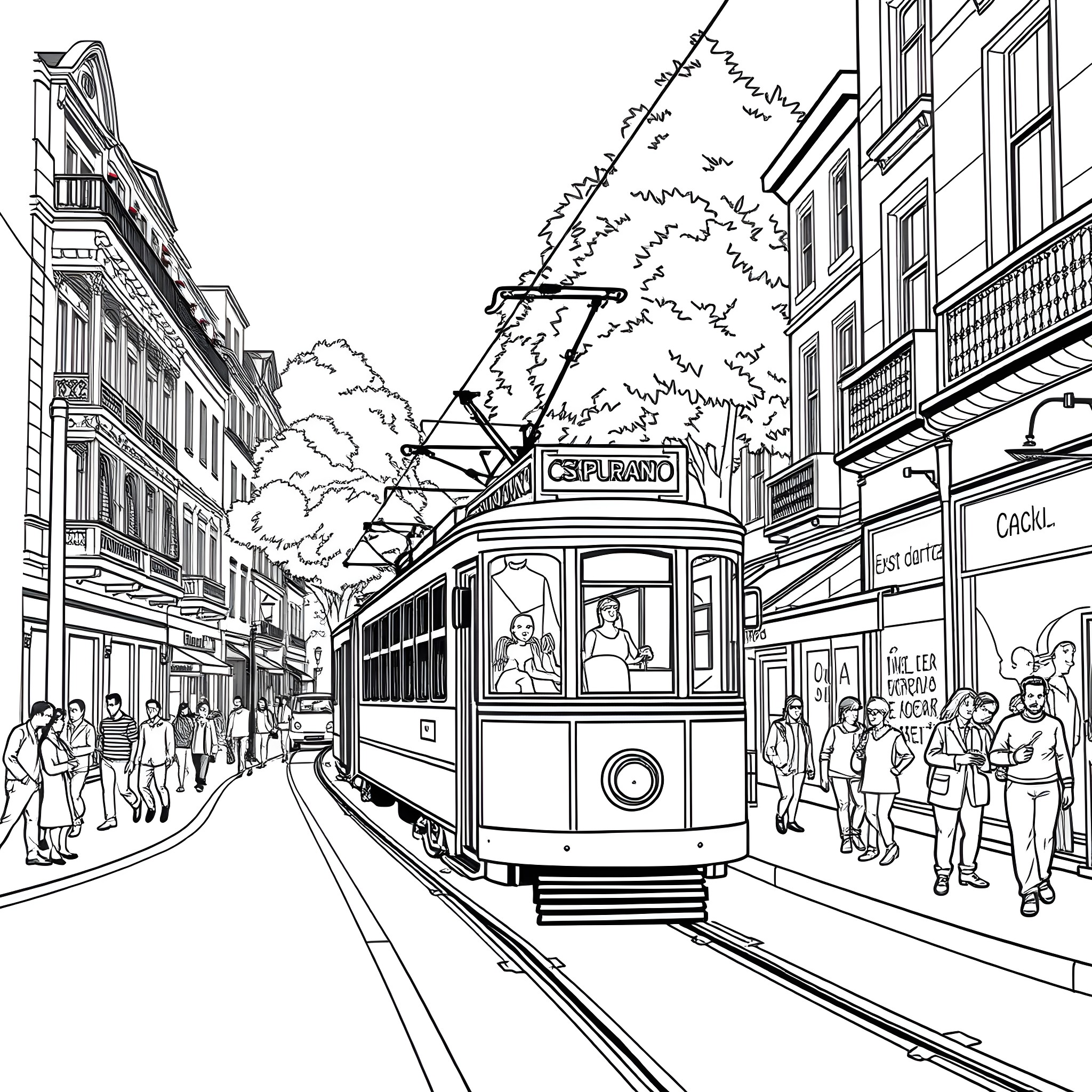 Tram transporting passengers in a busy city street Coloring Page (free black-and-white line drawing printable PDF for all, from beginners to advanced learners, including children, teens, adults, and seniors)