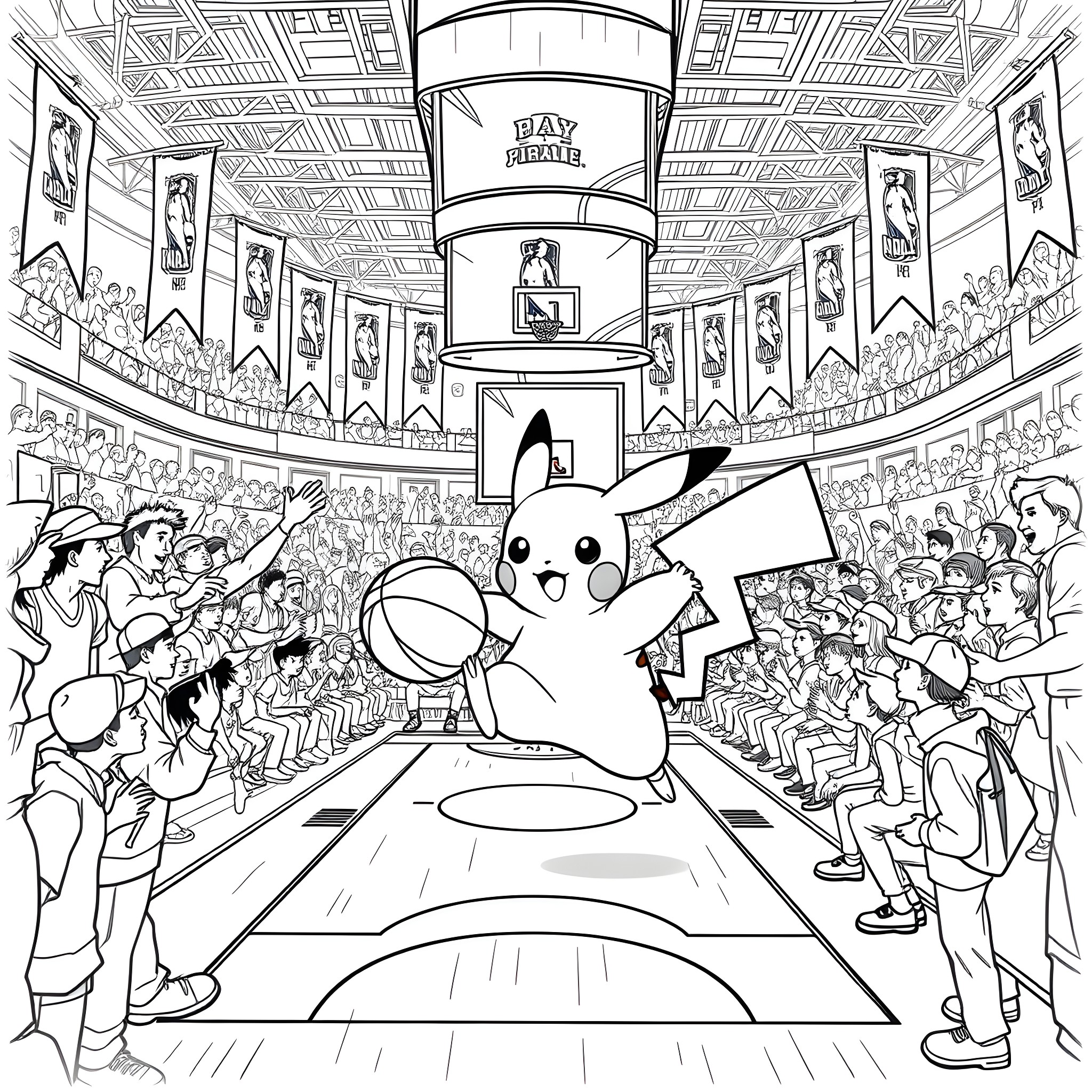 Pikachu performing at a lively sports arena Coloring Page (free black-and-white line drawing printable PDF for all, from beginners to advanced learners, including children, teens, adults, and seniors)