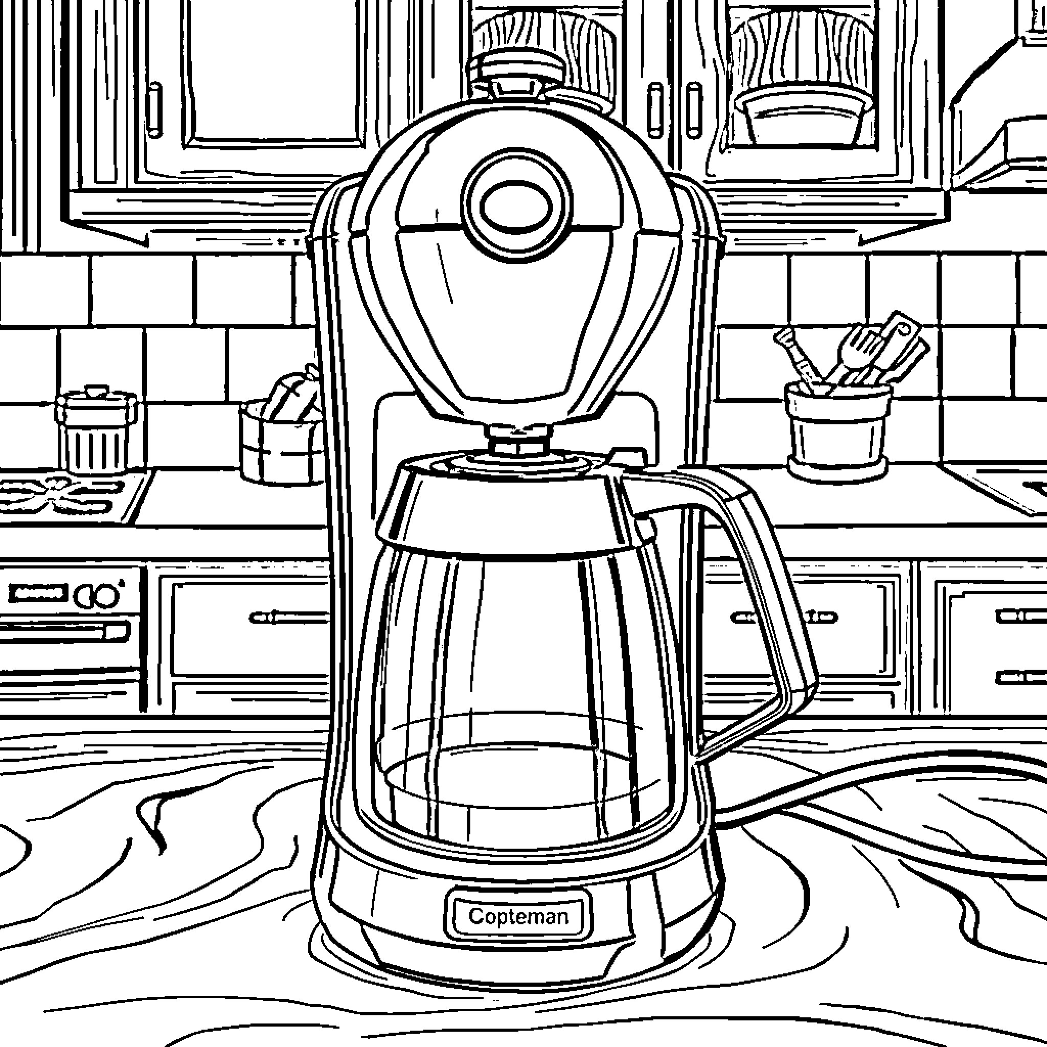 Coffee Maker in a Domestic Kitchen Setting Coloring Page (free black-and-white line drawing printable PDF for all, from beginners to advanced learners, including children, teens, adults, and seniors)