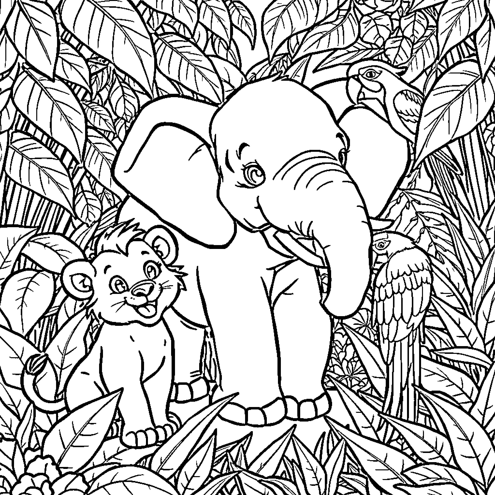 Lion and cub playing in jungle scene Coloring Page (free black-and-white line drawing printable PDF for all, from beginners to advanced learners, including children, teens, adults, and seniors)