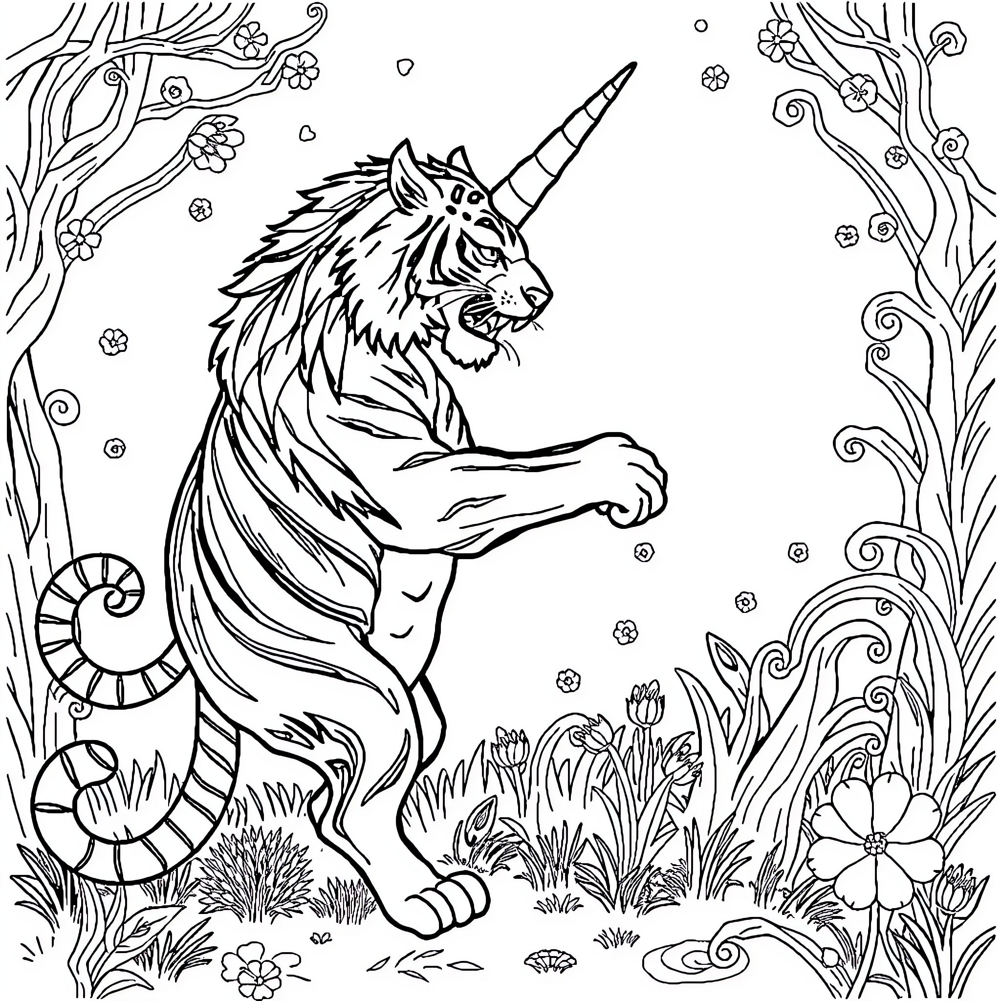 Unicorn roaring in magical forest Coloring Page (free black-and-white line drawing printable PDF for all, from beginners to advanced learners, including children, teens, adults, and seniors)