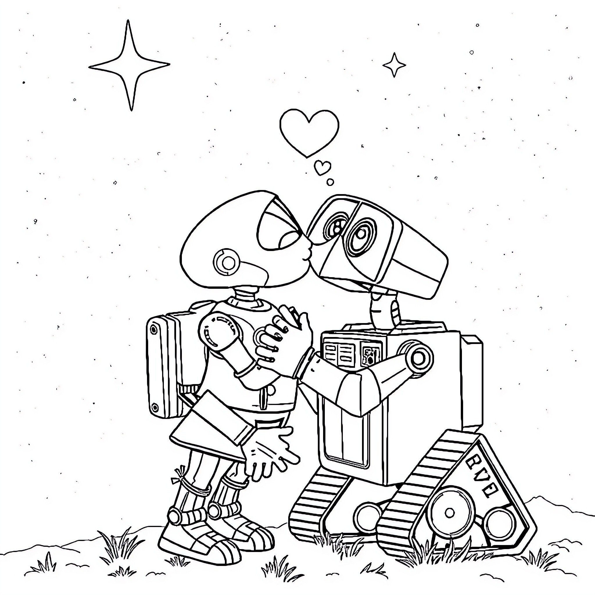 EVE: Robots sharing a heartwarming embrace Coloring Page (free black-and-white line drawing printable PDF for all, from beginners to advanced learners, including children, teens, adults, and seniors)