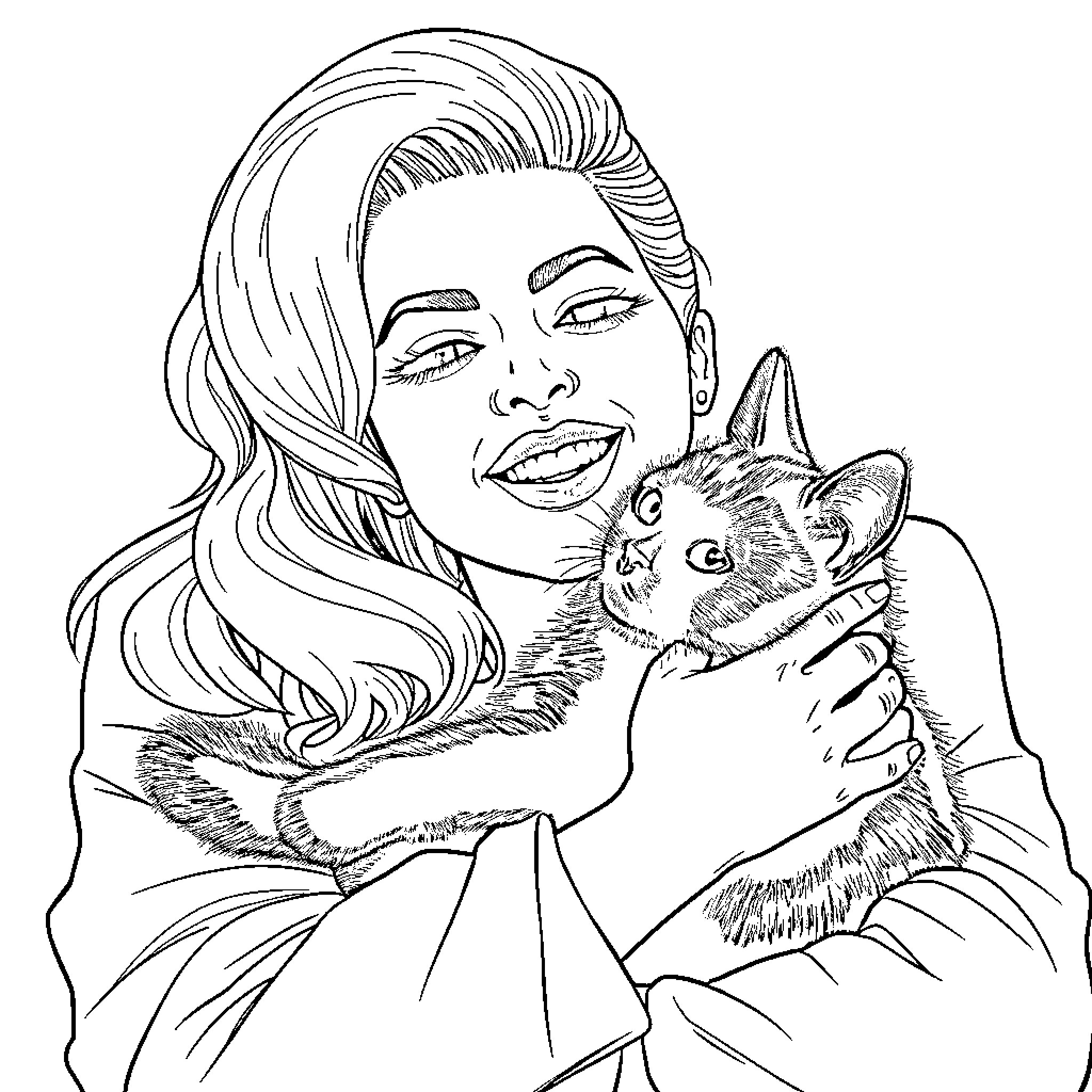 Lady Gaga Cuddling a Cute Kitten Coloring Page (free black-and-white line drawing printable PDF for all, from beginners to advanced learners, including children, teens, adults, and seniors)