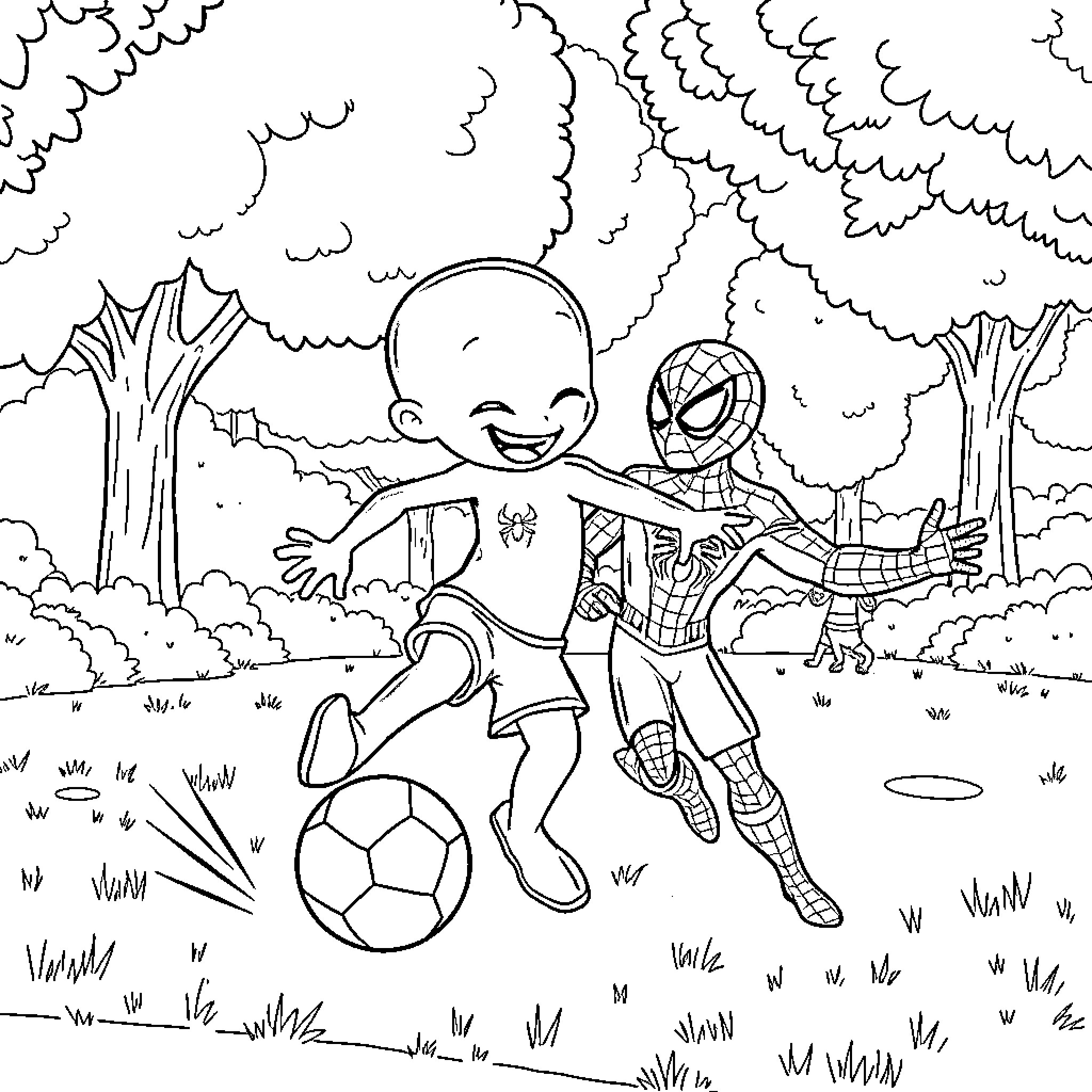 Bluey playing soccer with Spider-Man in the park Coloring Page (free black-and-white line drawing printable PDF for all, from beginners to advanced learners, including children, teens, adults, and seniors)