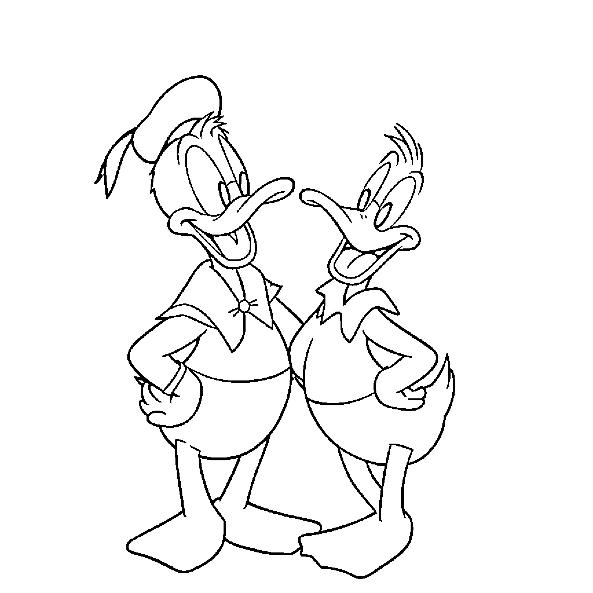 Ducks in Amusing Cartoon Poses Coloring Page (free black-and-white line drawing printable PDF for all, from beginners to advanced learners, including children, teens, adults, and seniors)