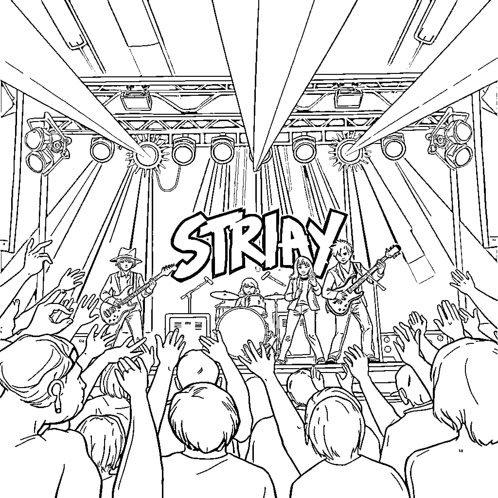 Stray Kids Performing on Stage with Energy Coloring Page (free black-and-white line drawing printable PDF for all, from beginners to advanced learners, including children, teens, adults, and seniors)