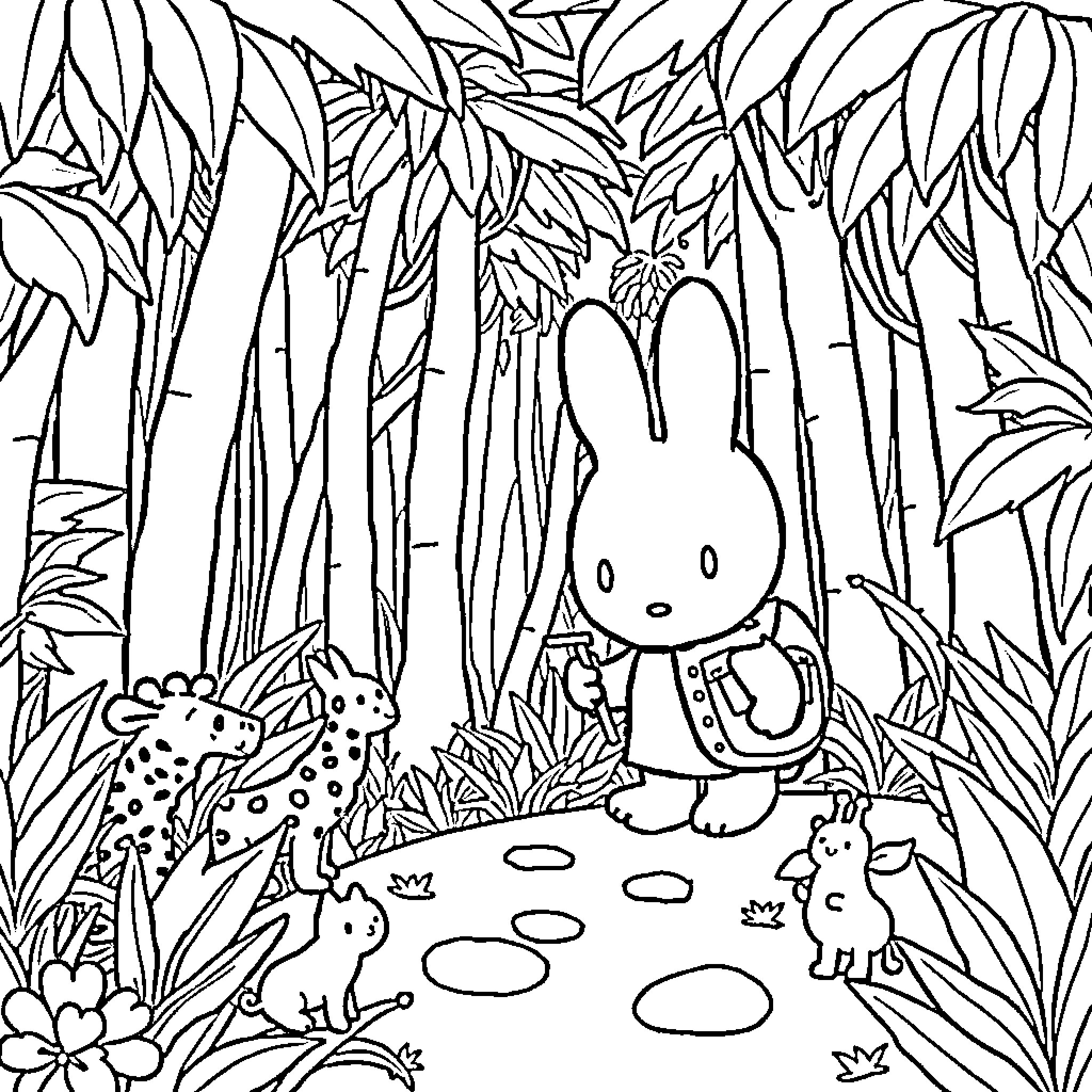 Miffy explores the enchanted forest with animal friends Coloring Page (free black-and-white line drawing printable PDF for all, from beginners to advanced learners, including children, teens, adults, and seniors)